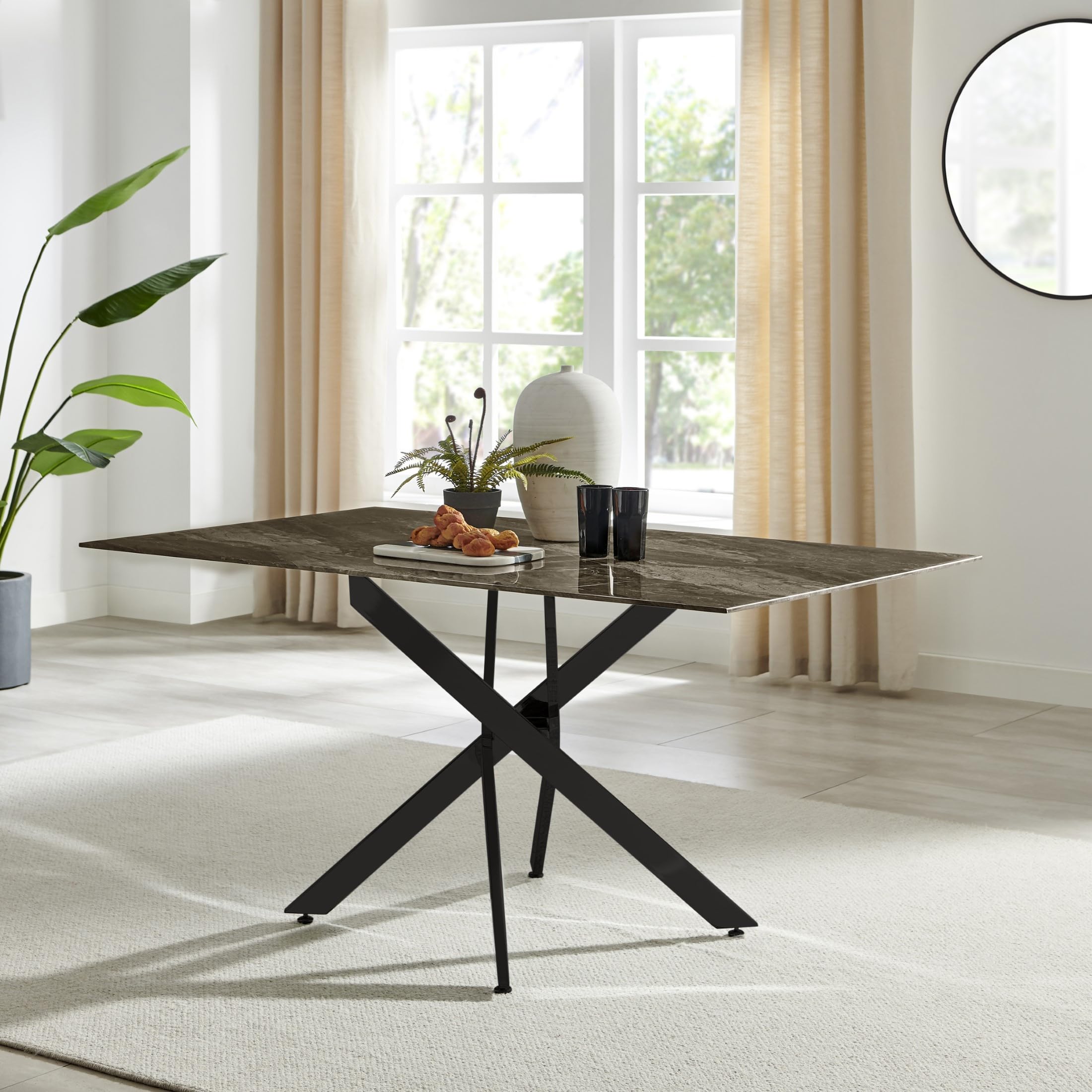 Furniturebox UK Dining Table - Leonardo 6 Seat Dining Table - Glass Dark Marble Effect Table Matte Black Metal Legs - Nested Starburst Design - Modern Dining Room for Contemporary Home Kitchen