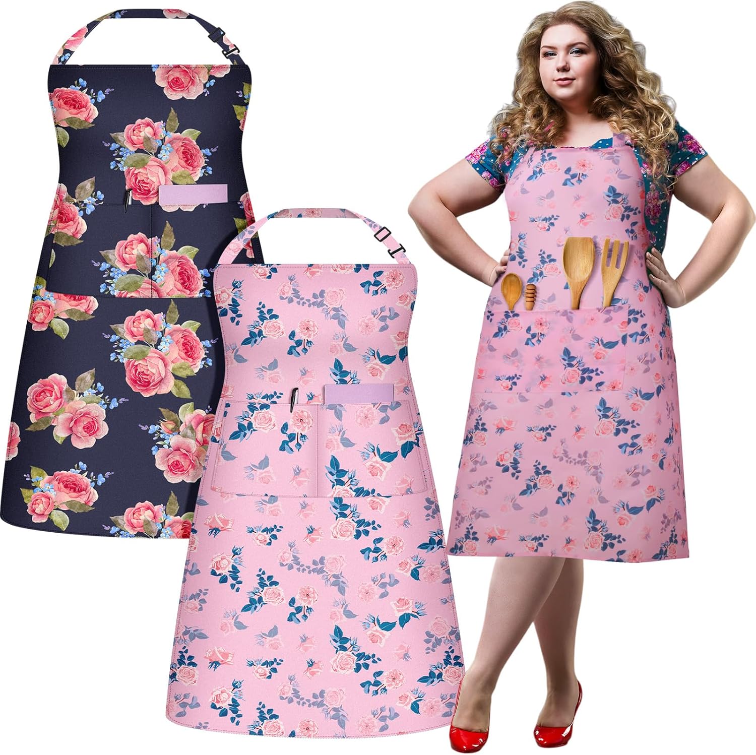 2 Pack Plus Size Floral Aprons Women Adjustable Vintage Kitchen Chef Apron with 2 Pockets for Cooking, Work, Baking, 35.43 x 39.37 Inch(Pink,Black,Floral)