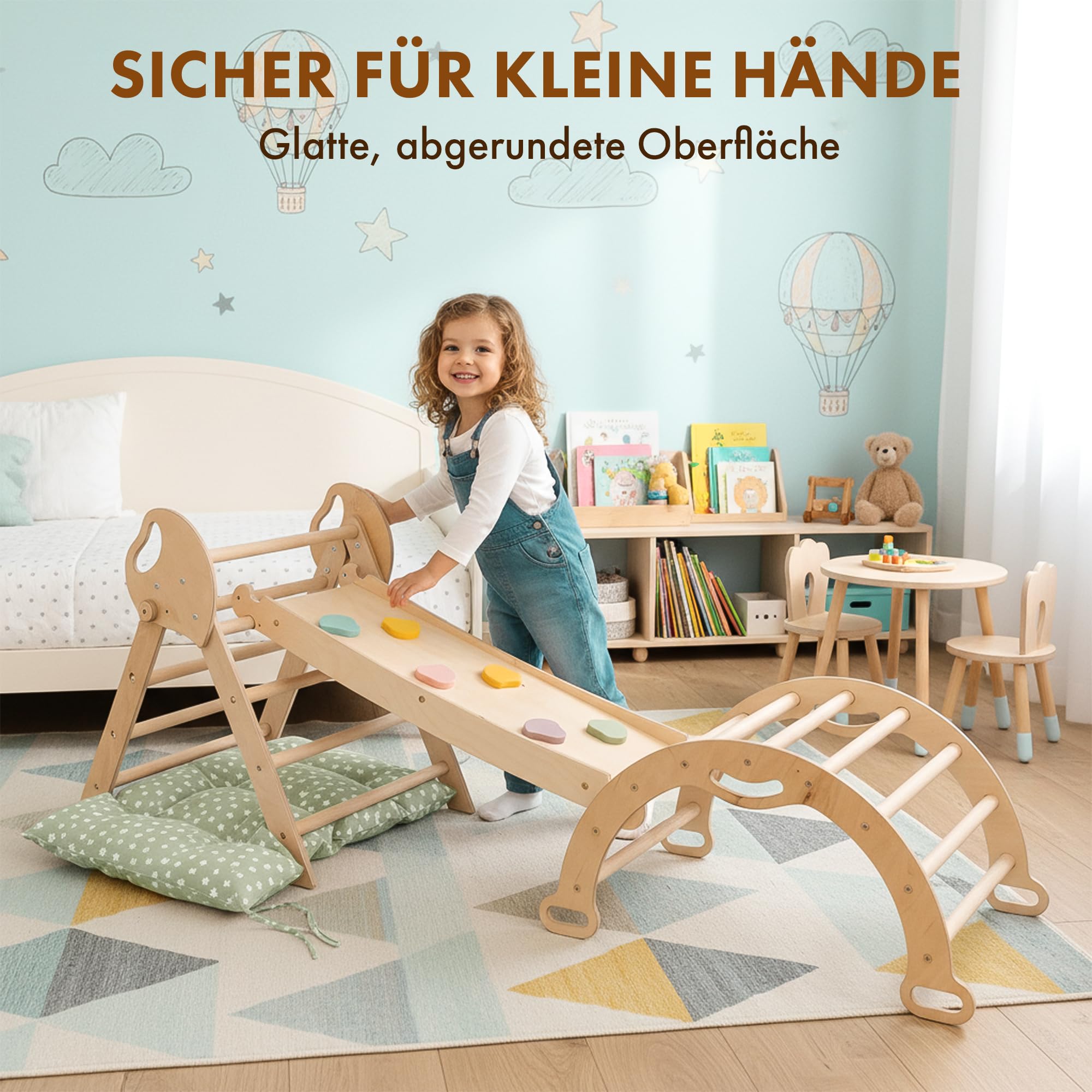 Goodevas 5-in-1 Montessori Klettergerüst Set: Indoor Kletterdreieck, Kletterbogen mit Kissen, und Rutsche für Kinder, Indoor Spielplatz 1-3 Jahre