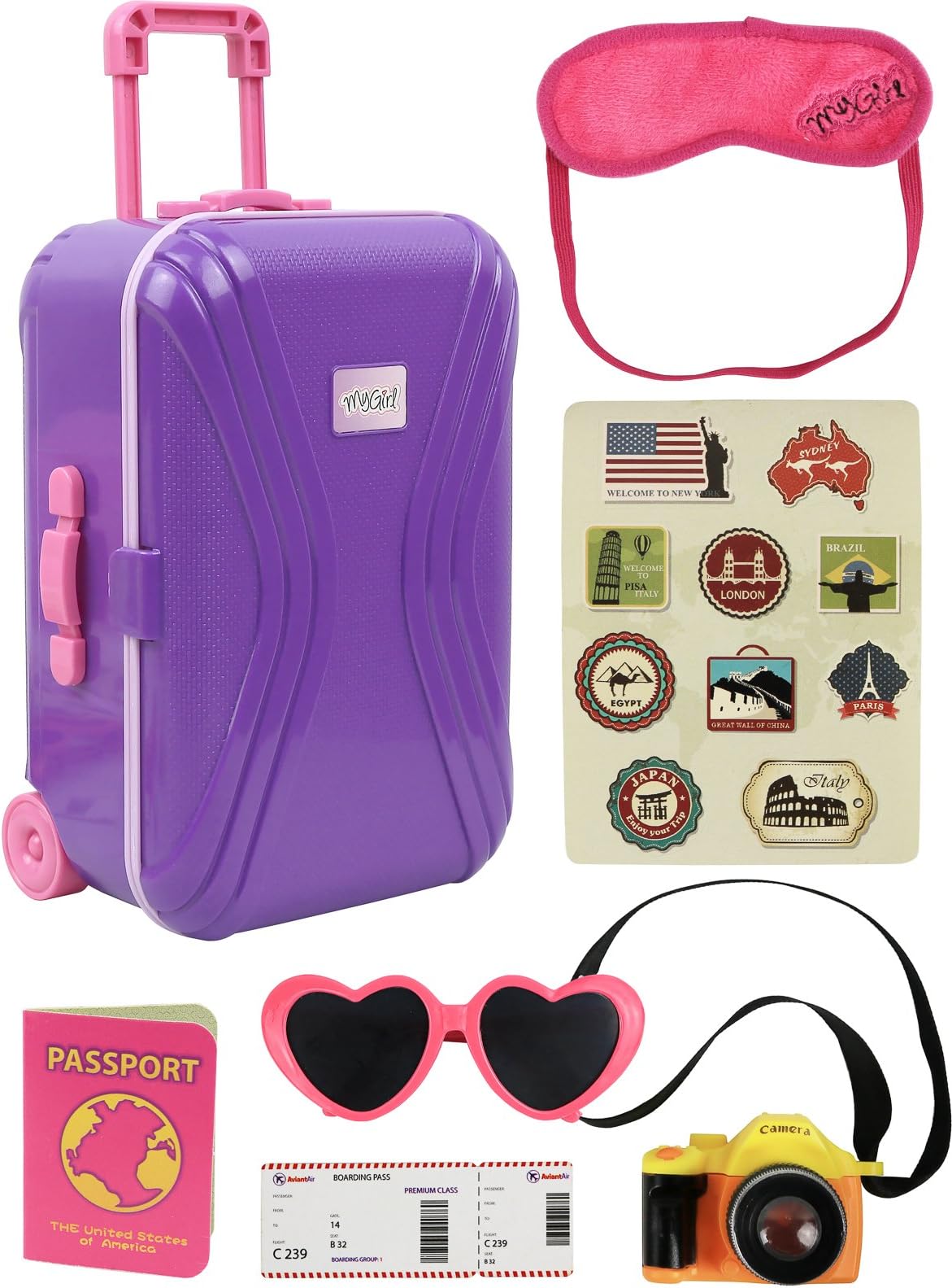 Click N' Play 18” Doll Travel Carry On Suitcase Luggage 7 Piece Set Includes Travel Gear Accessories, Photo Camera, Sunglasses, and Passport, Pretend Play Toys for Kids, Doll is Not Included