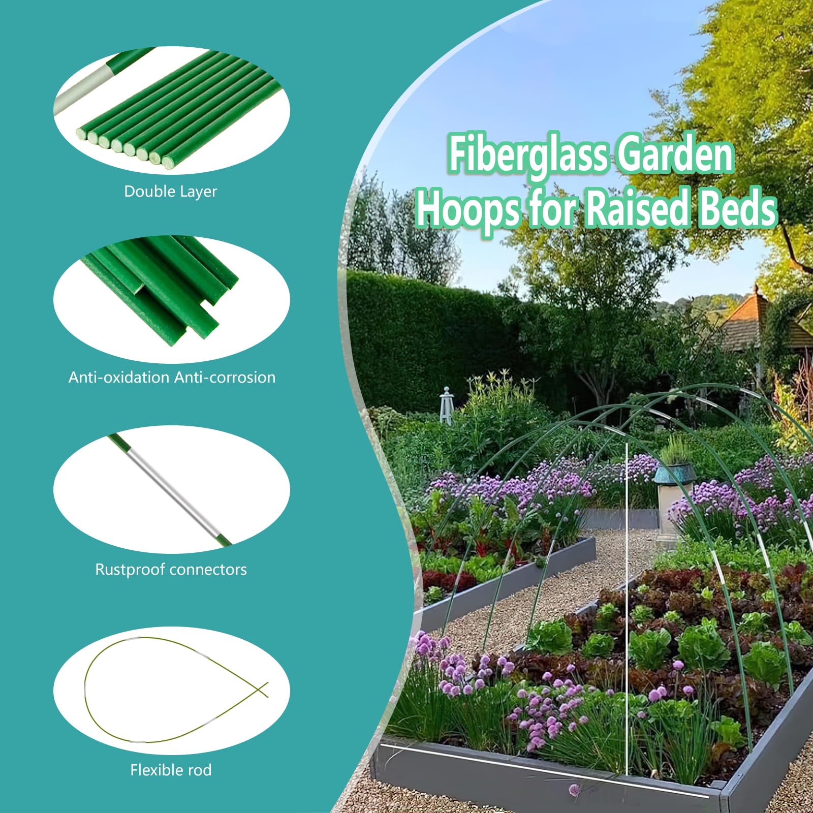 Aros de jardín para camas elevadas, 60 piezas, 10 juegos de aros de invernadero de 8 pies de largo, túnel de cultivo, fibra de vidrio sin óxido, marco para red de jardín, cubierta de hilera
