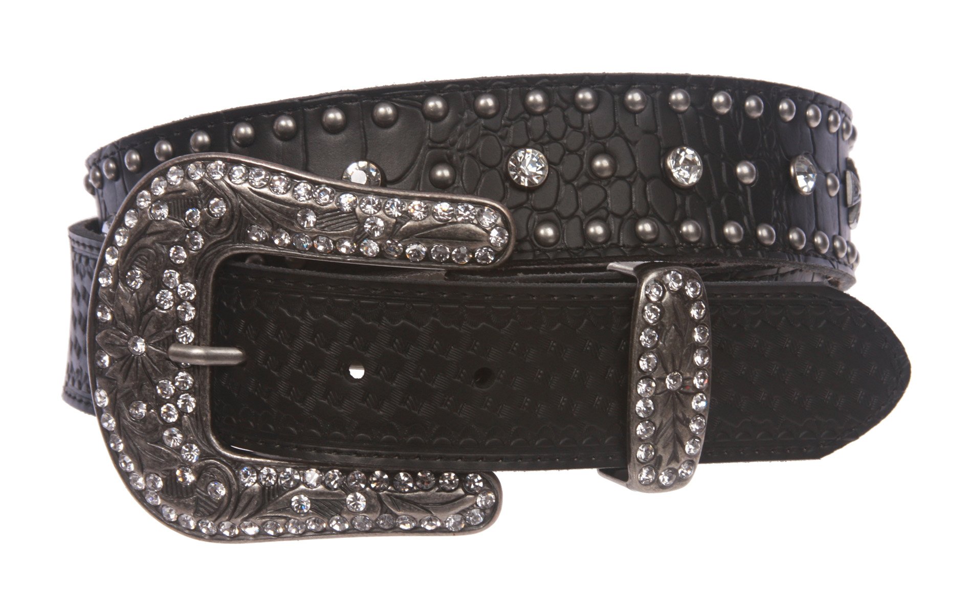 Snap On Western Faux Crocodile Embossed Cross Rhinestone Studded Leather Belt, Black | 44