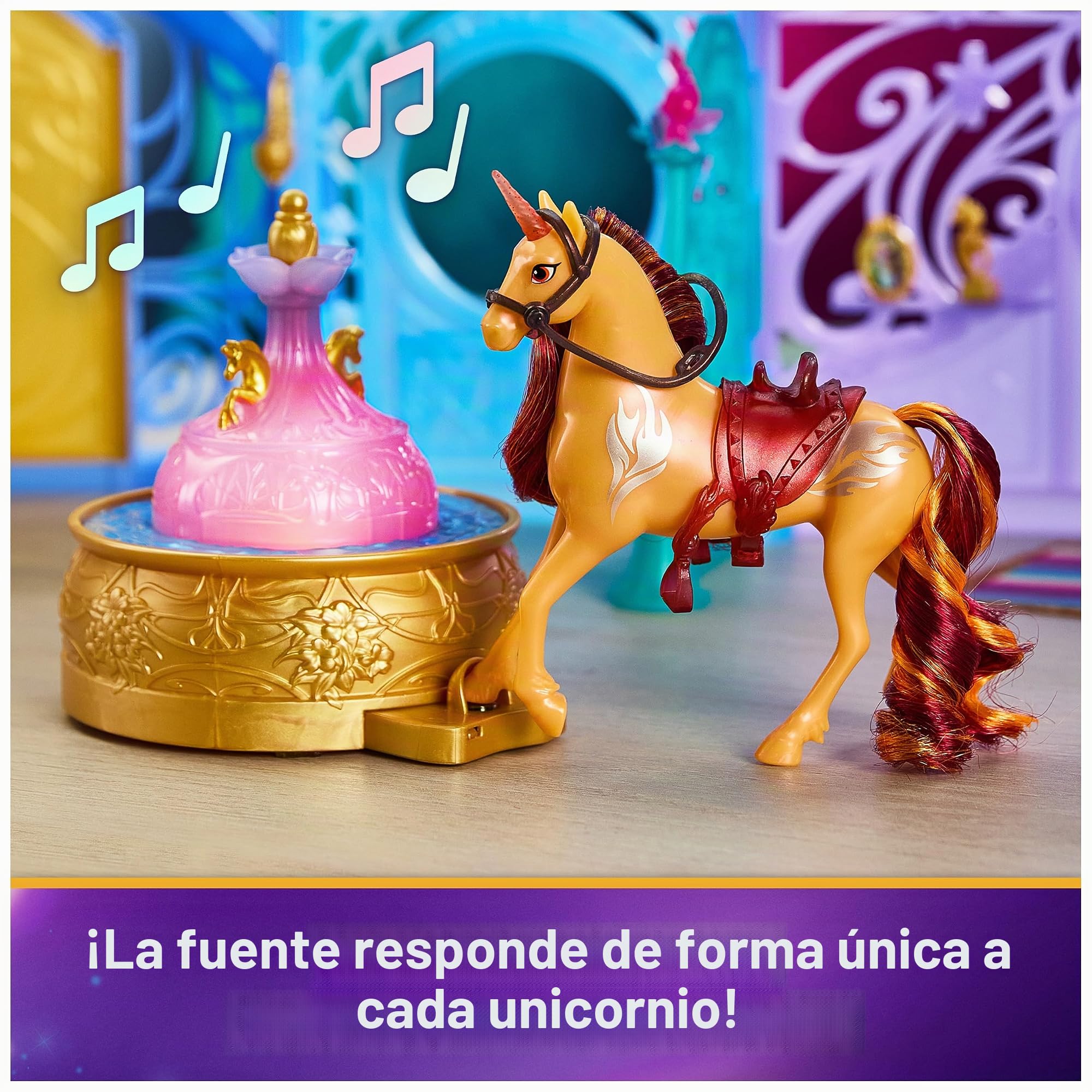 Unicorn Academy - Set de Juego Estable de 90 cm, Incluye Fuente con Efectos de luz y Sonido, Unicornio de 12 cm y 24 Accesorios, Juego Original de la Popular Serie Netflix, para niños a Partir de 4