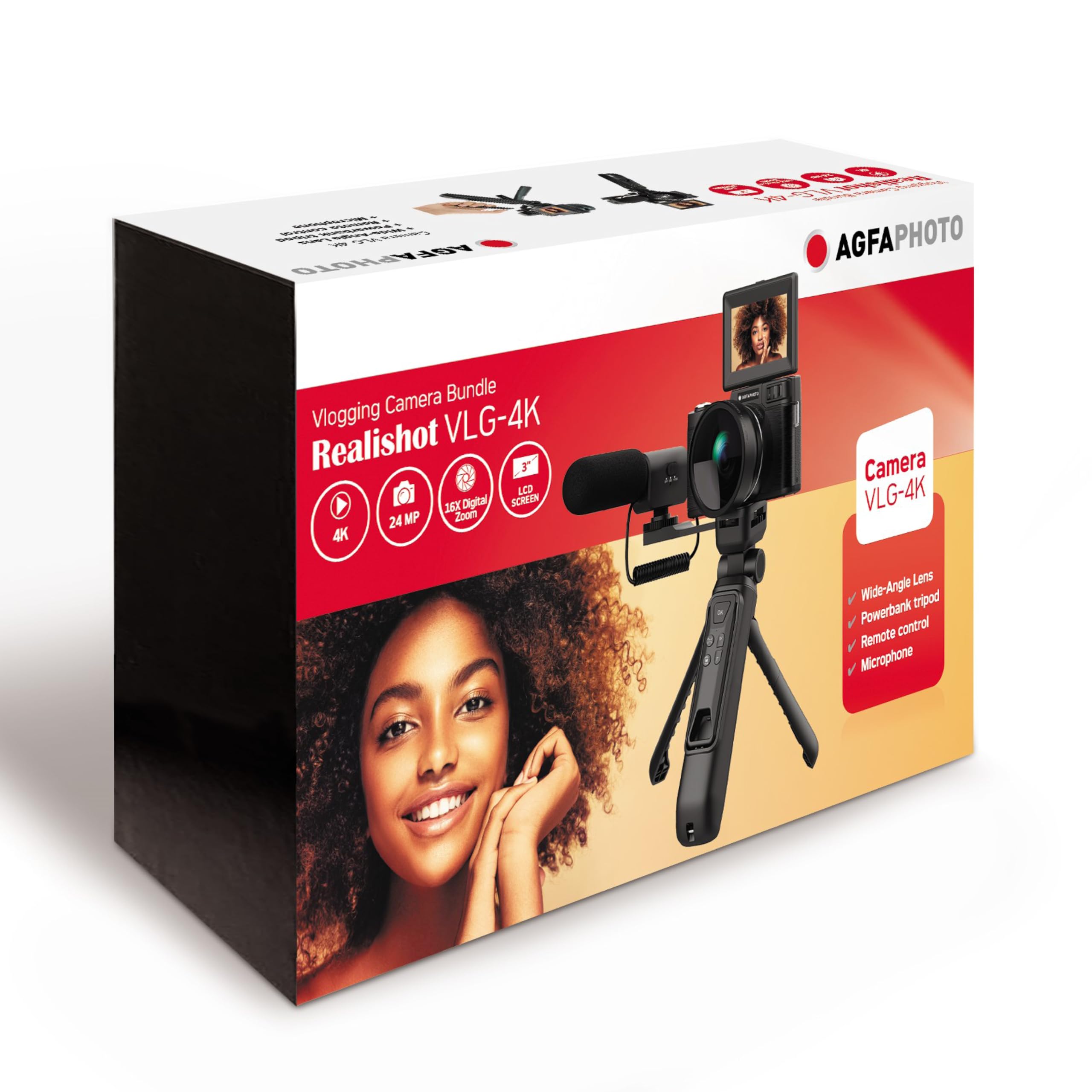 AgfaPhoto Realishot VLG-4K Kit Vlogging - Fotocamera 24MP, Video 4K, Schermo LCD 3’’, Zoom Digitale 16X, Sensore CMOS, Batteria al Litio - Nero