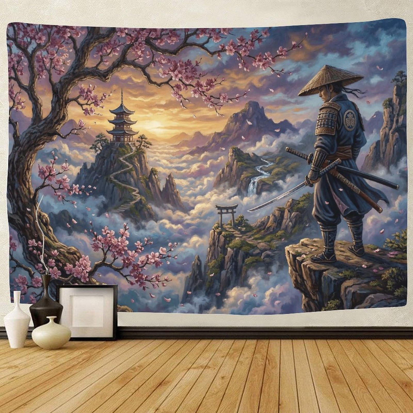 GPMNBCXZK Japanese Samurai Wall Tapestry Cherry Blossom 3D Printed Bedroom Dorm Living Room Hanging Decoration 180cmx230cm