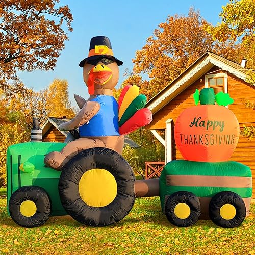 DomKom Inflables de Acción de Gracias de 6 pies con cola colorida y letrero de Acción de Gracias de calabaza, decoraciones al aire libre con luces
