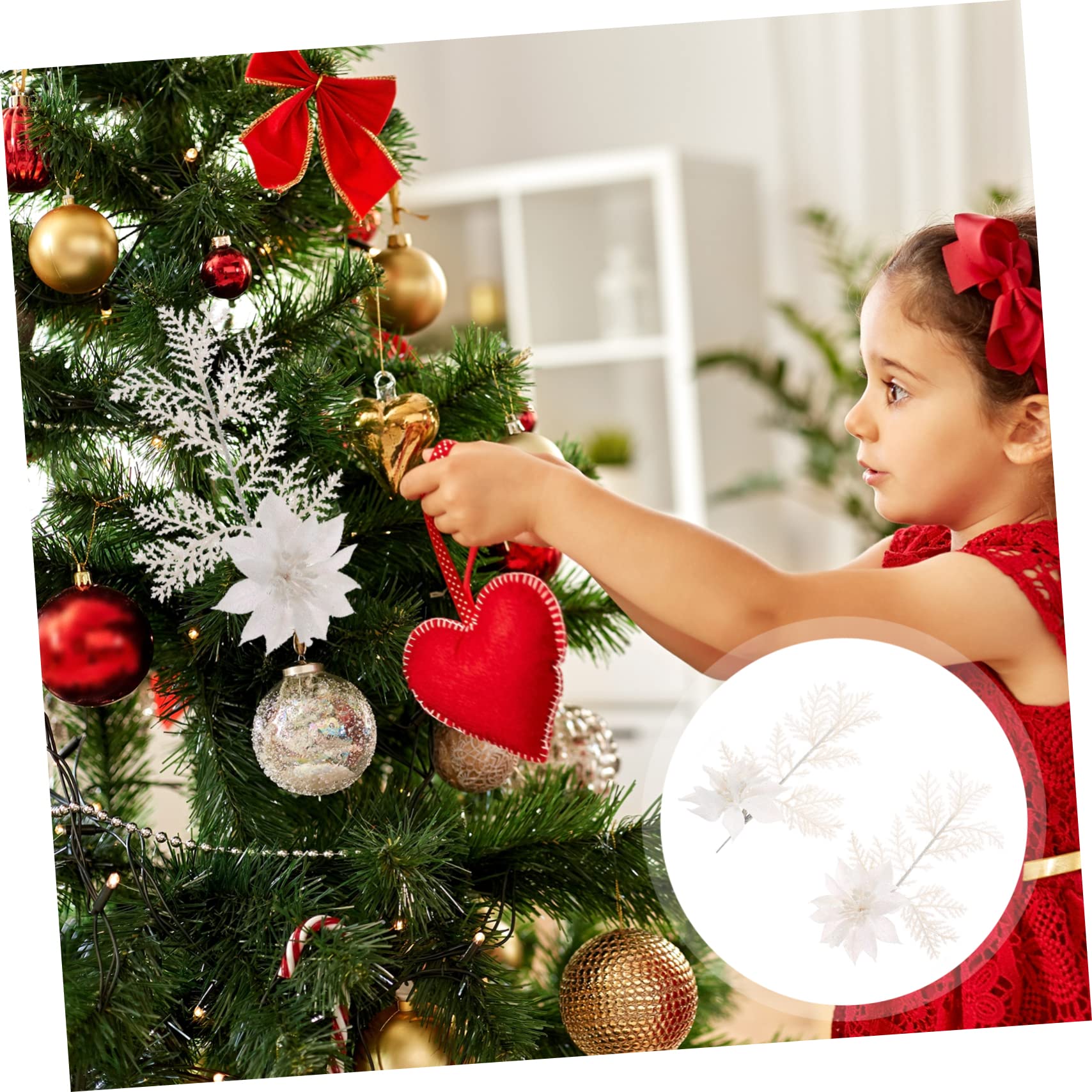 Kisangel 18 Piezas Flor De Navidad Flores En Arbol Cinta Navidad Árboles De Decoración Flores De Nochebuena Decorativas Falso Poinsettia Rociar Hojas De Helecho