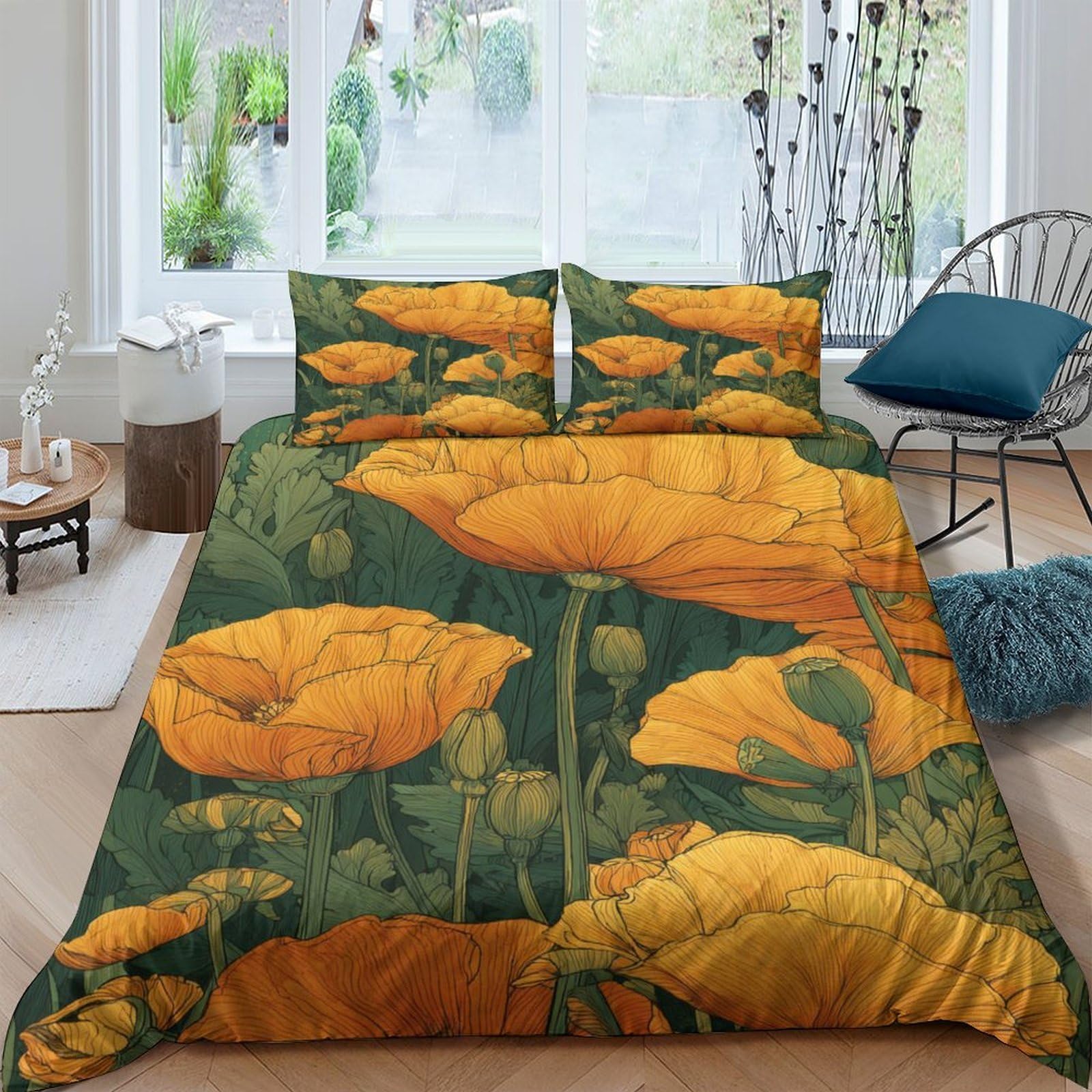 GPLZQXKJNH 3D Printed Yellow Poppy Flower Duvet Cover Microfiber Soft Breathable Botanical Bedding Set with 2 Pillowcases for Bedroom Decor Single（135x200cm）