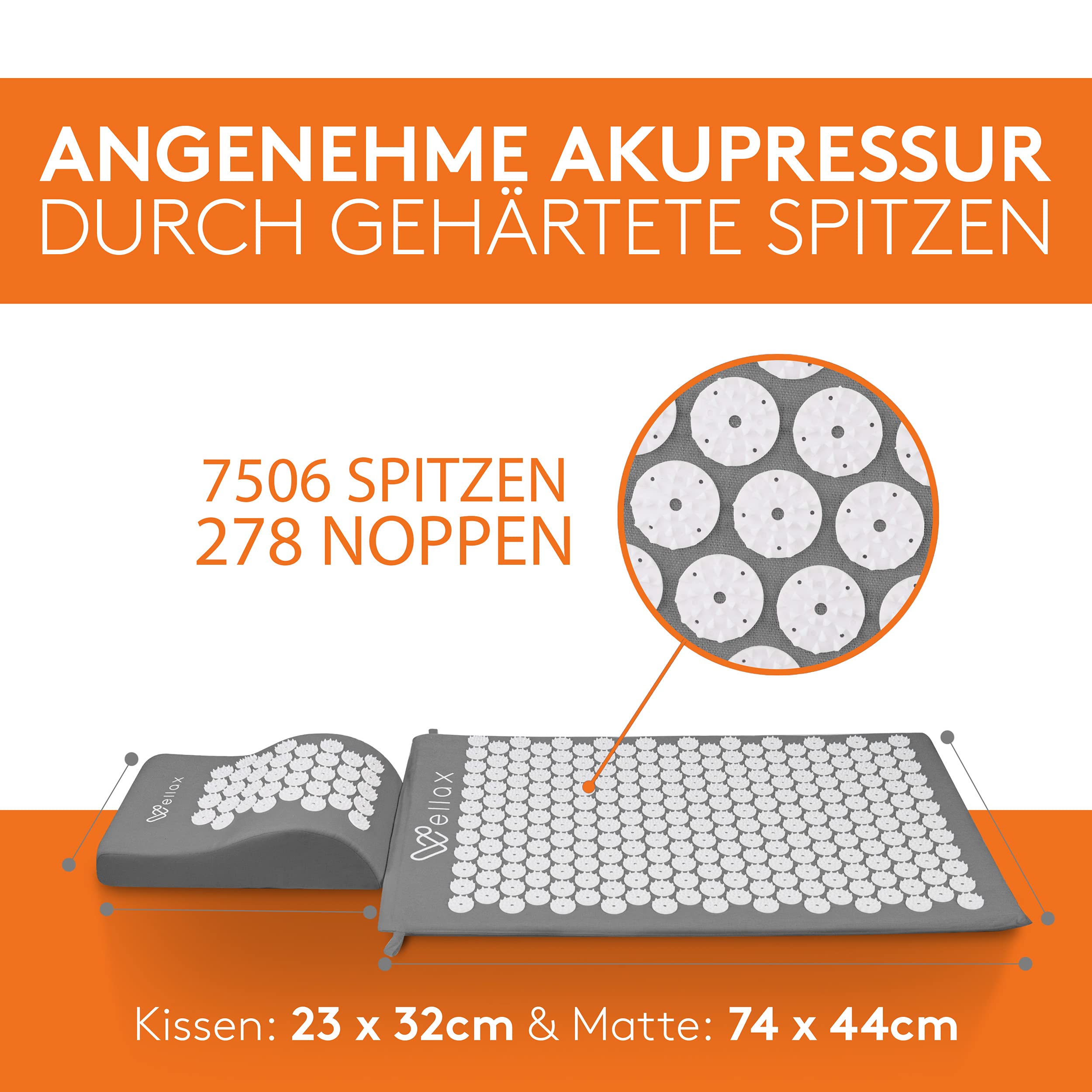 Wellax [Das Original] - Akupressurmatte mit Kissen - Gefüllt mit 100% Kokosfasern - Löst Verspannungen & fördert Durchblutung - Massage Matte mit Akupressurkissen - Ausgezeichnet von Vergleich.org