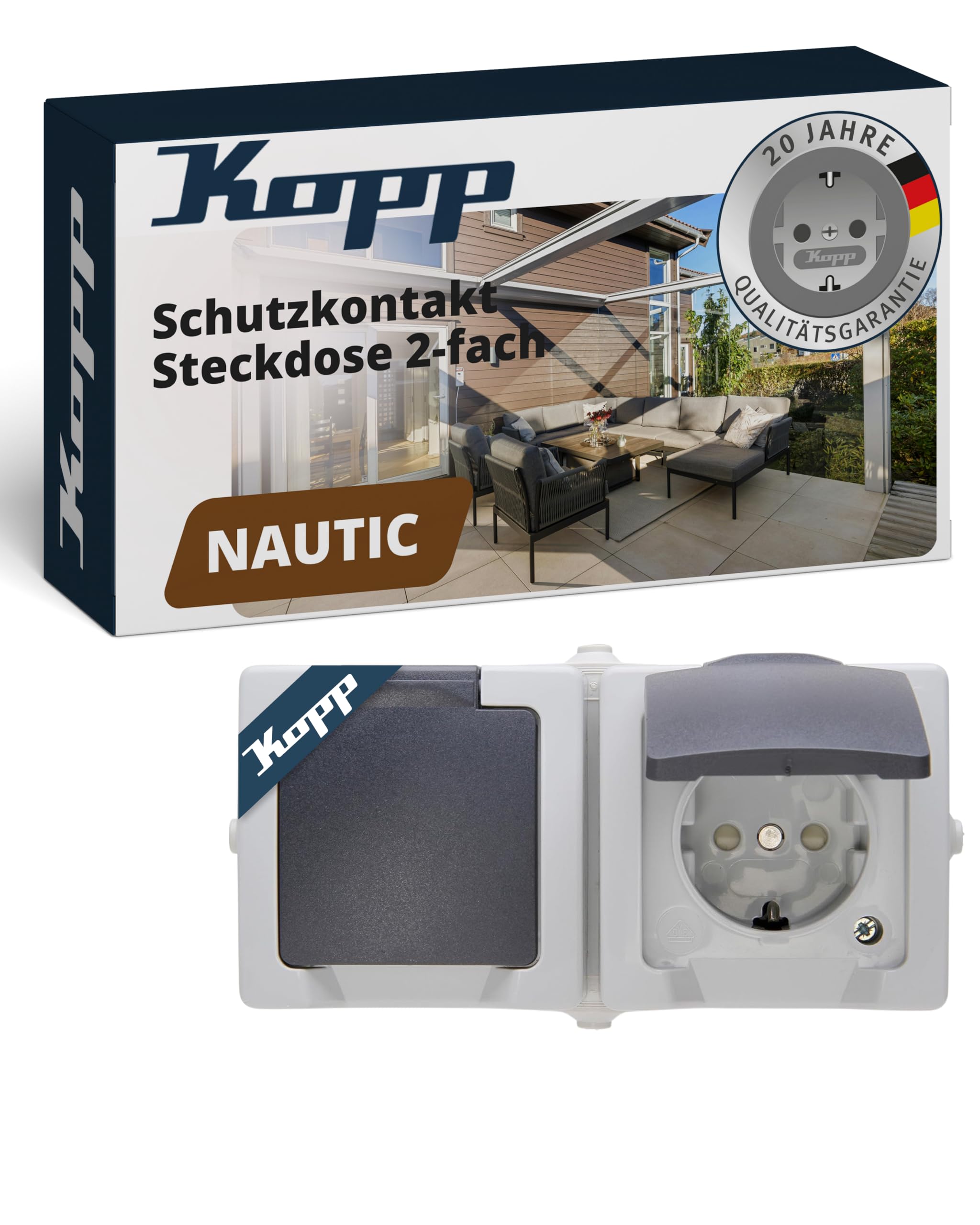 Kopp NAUTIC 2-fach Schutzkontakt-Steckdose mit Klappdeckel in Grau - Sichere Aufputz-Steckdose mit erhöhtem Berührungsschutz - Waagrechter IP44 Feuchtraumsteckdosen-Aufputz 16A / 250V~