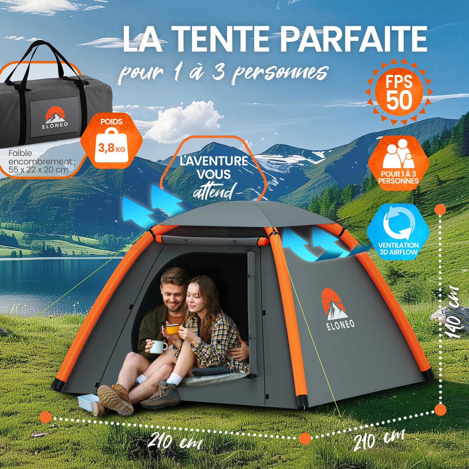 ELONEO Tente Gonflable avec auvent & Pompe à air, Tente à air Ultra-légère, Glamping avec lumière LED Offerte