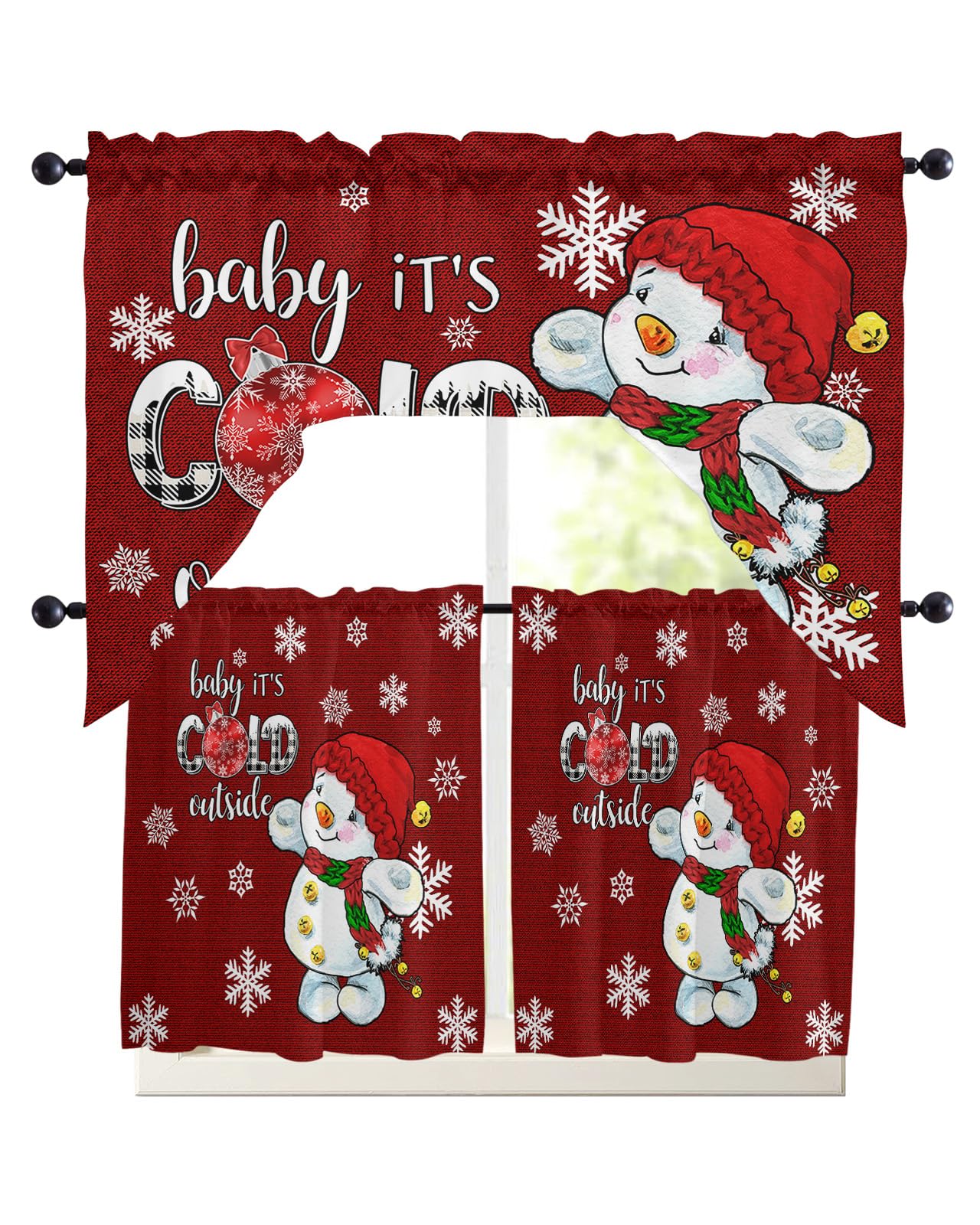 Red Snowman Swag Kitchen Curtain Sets with Valance, 3 Pieces Rod Pocket Curtain Drapes for Bedroom Living Room Bathroom Cafe Windows, Merry Christmas Winter Snowflake 56''x36'' & 24''x27.5''x2Panels