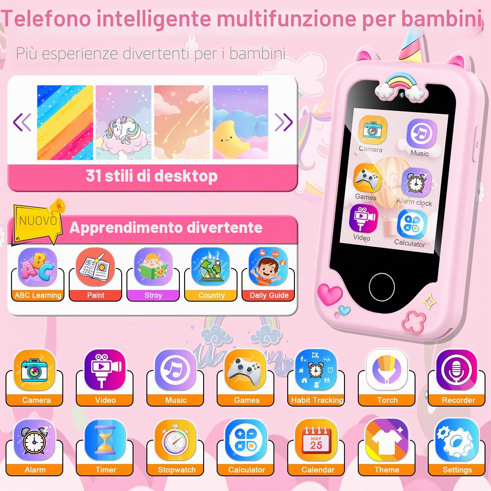 Telefono per bambini per ragazze, unicorni, regali per ragazze dai 3 ai 10 anni, giocattoli di Natale per bambini, giocattoli per bambini con touch screen, con doppia fotocamera, gioco, lettore