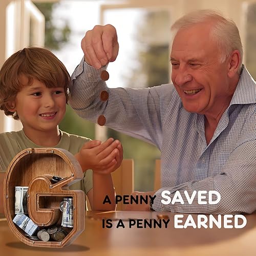 Miniatura 6 de Alcancía para niños y niñas, alcancía de madera con letra grande del alfabeto con inicial G, banco de monedas, regalos divertidos para cumpleaños,