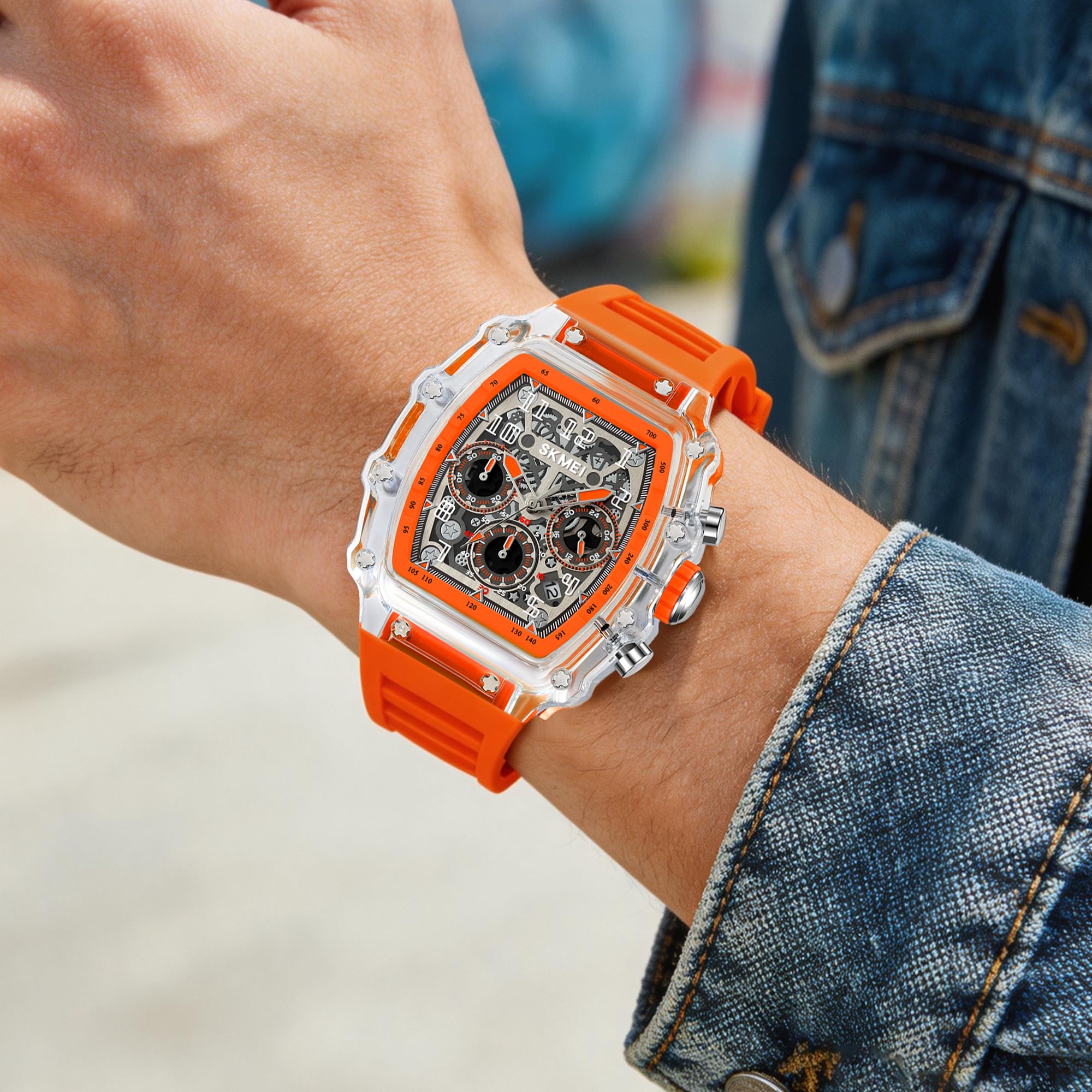 SKMEI Relojes automáticos de moda para hombre con correa de silicona de esqueleto impermeable a 50 m, relojes de pulsera únicos para hombre