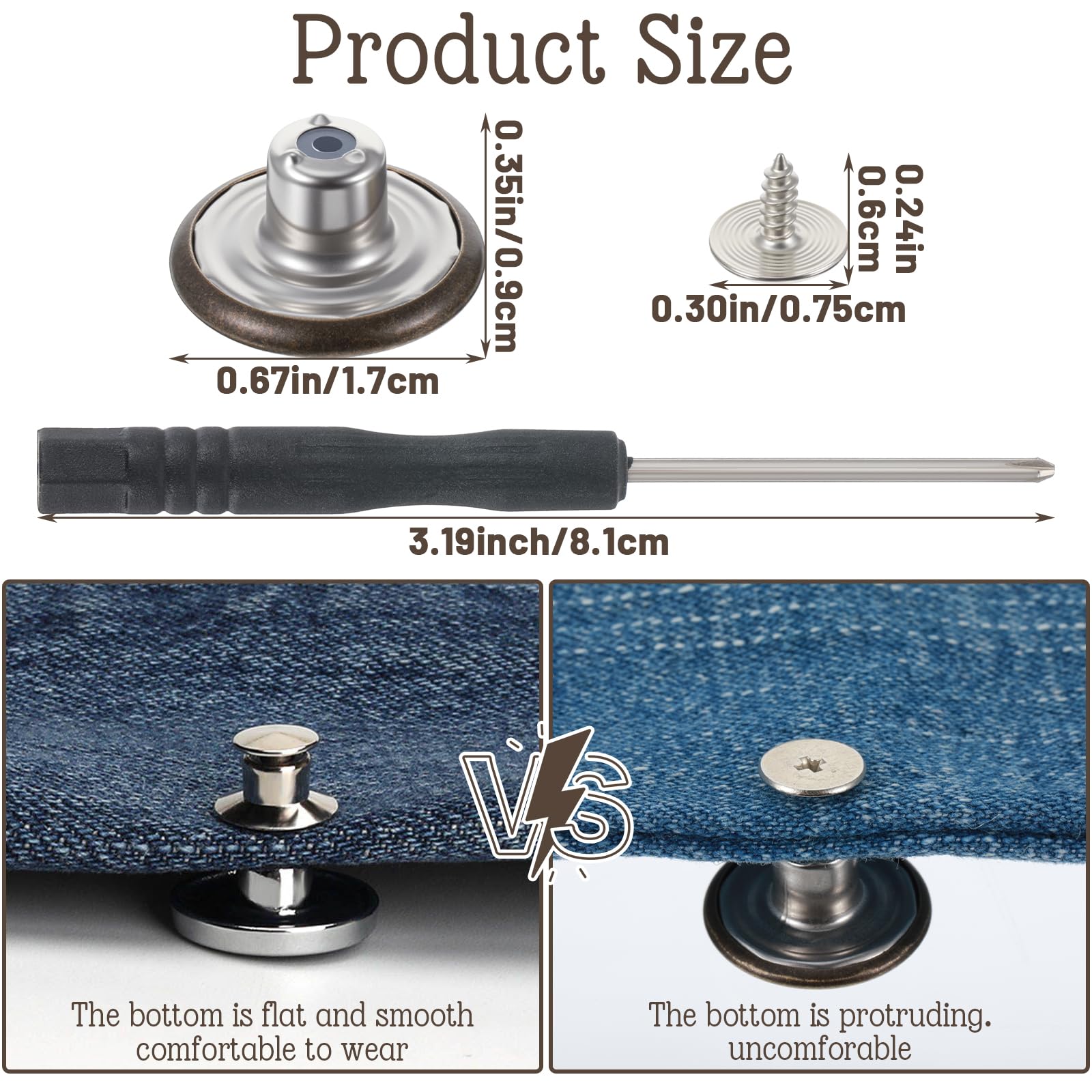 Botones Plateados Juego De 12 Botones De Repuesto De Botón De Mezclilla Sin Coser, Botón De Metal Extraíble Ajustable De 0.787 In, Kit De Costura Con Destornilladores, Tensor De Cintura Para Hombres