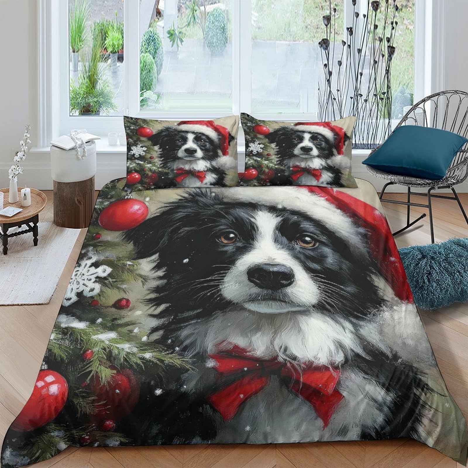 Ctjqhvkz Style-5 3D Printed Christmas Dog Fitted Sheet Microfiber Soft Red Santa Hat Tree Bed Cover For Bedroom Guest Room Mattress Decor Single（135X200cm）