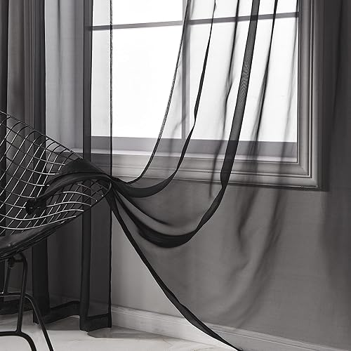 Miniatura 3 de RAIN CITY Cortinas traslúcidas de gasa negra para dormitorio de 63 pulgadas de largo, 2 paneles con bolsillo para cortinero, cortinas para ventana