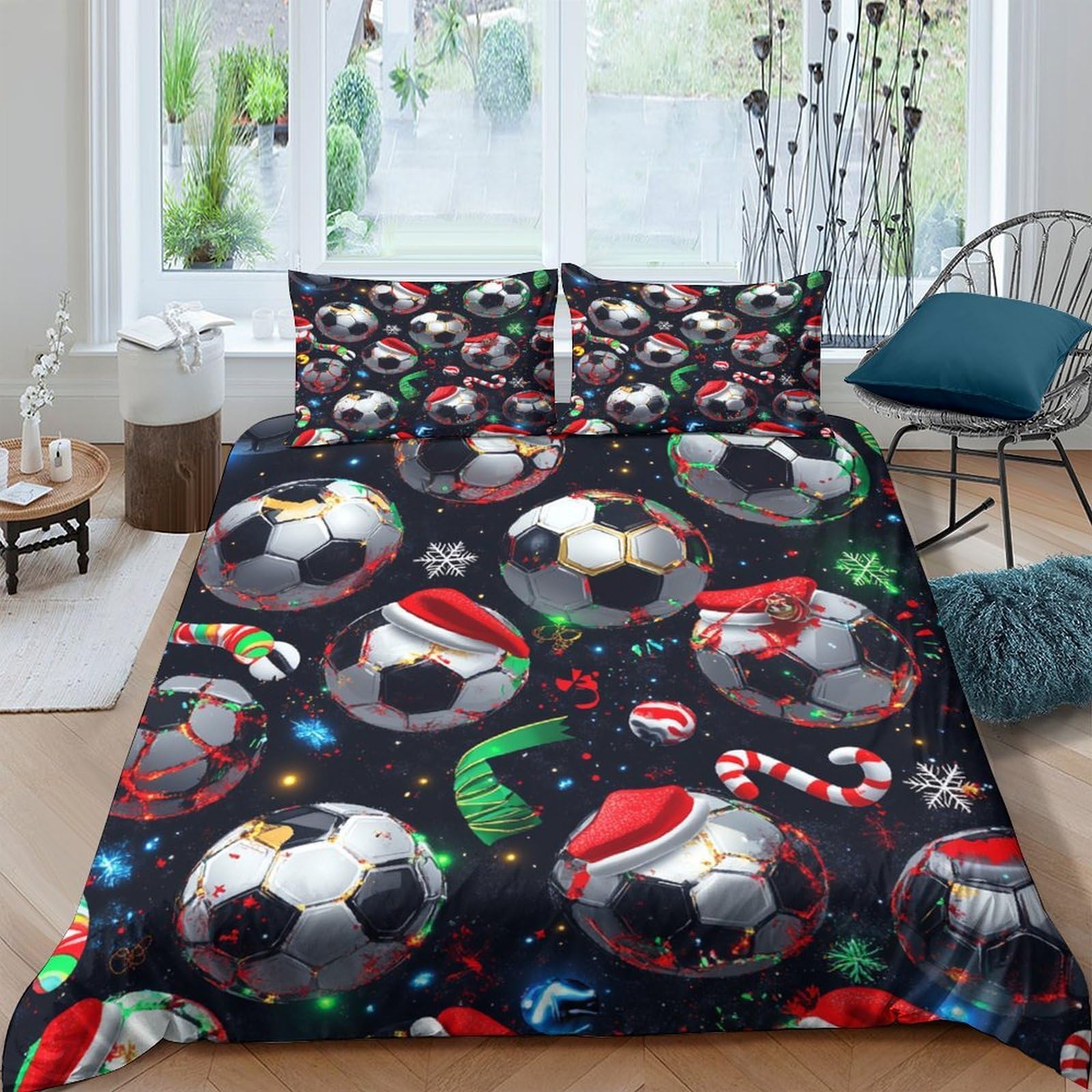 P5V6M1Q9 3D Printed Christmas Football Duvet Cover Microfiber Soft Breathable Santa Candy Bedding Set with 2 Pillowcases for Bedroom Decor Single（135x200cm）