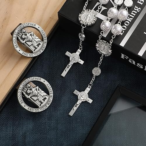 Miniatura 6 de 4 piezas de rosario plateado de San Benito para el espejo retrovisor del automóvil, rosario para colgar en el auto, clip de visera de San Cristóbal