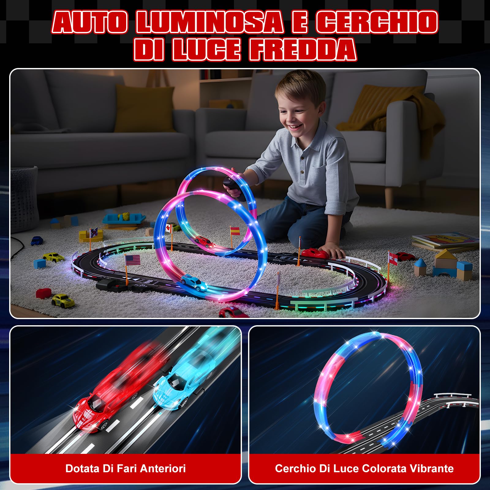 Piste Corsa Elettriche, Illuminato Pista Macchinine Piste Auto Bambini - 4 LED Macchine, Spina, 360° Cerchio, Comandi, Contatore, Piste Corsa Bambini 3 4 5 6 7 8 Anni Giocattoli Regali (S)