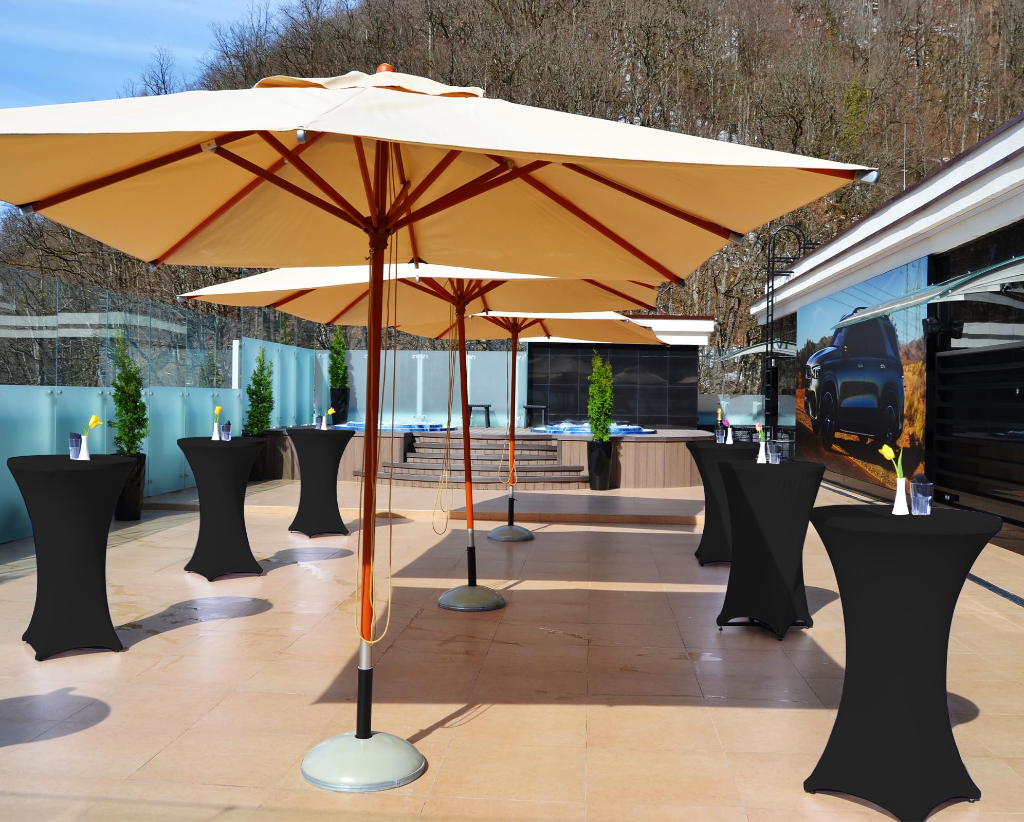 Paquete de 6 manteles de elastano elástico con esquinas cuadradas de 32 x 43 pulgadas, mantel de cóctel de elastano negro, para bar, boda, cóctel, fiesta, banquete