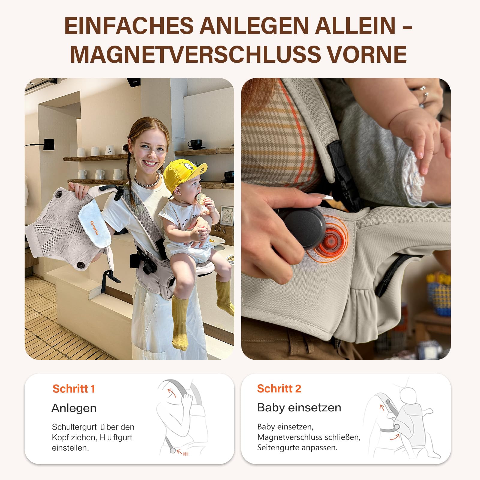 Ergonomische Babytrage mit Hüftsitz, 4D-Gitterpolsterung, Modulares 2-teiliges Tragesystem, Front-Magnetverschluss, Atmungsaktiv, Für verschiedene Tragepositionen Beige