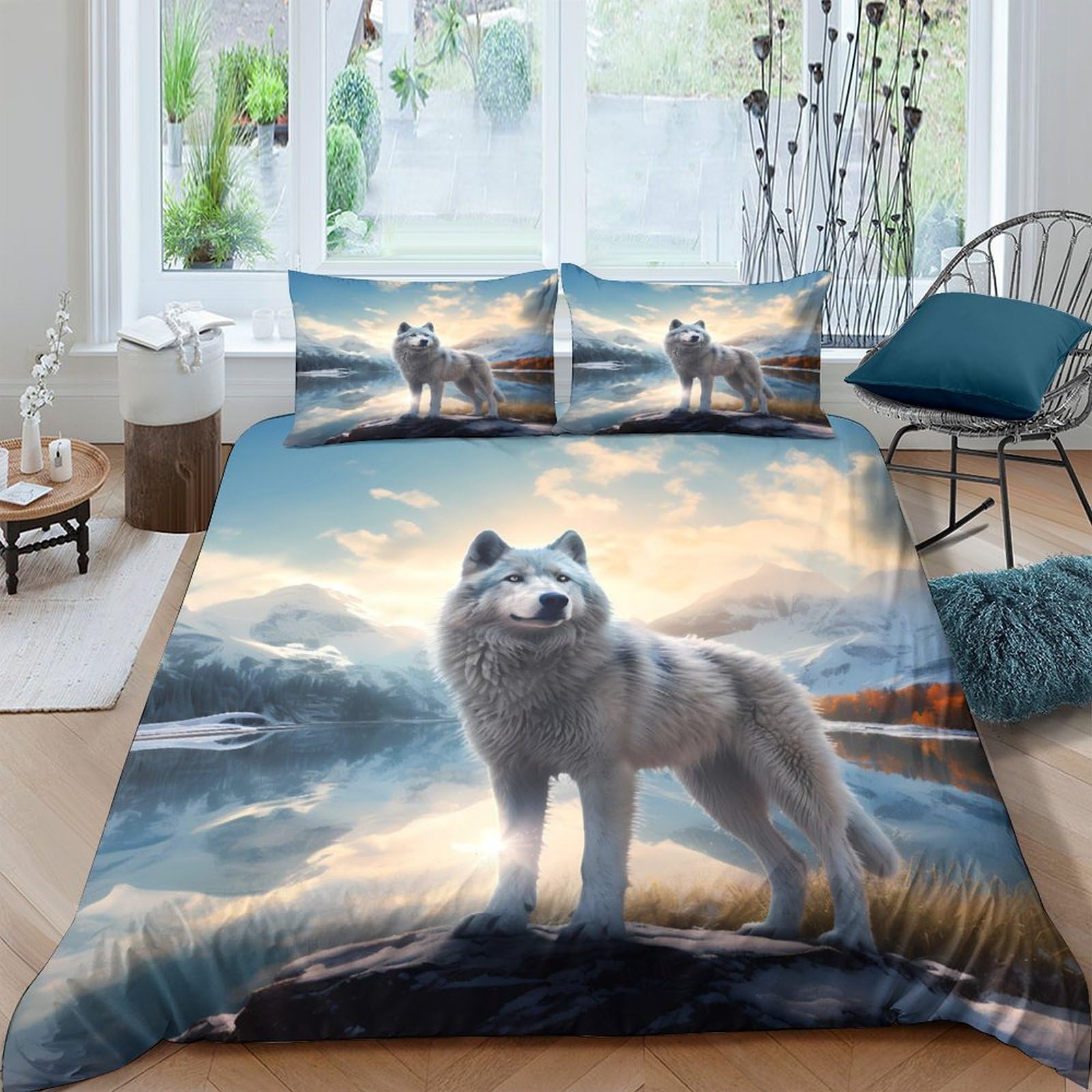 Ctjqhvkz Style-2 3D Printed Wolf Mountain Fitted Sheet Microfiber Soft Grey Blue Sunrise Forest Mattress Cover Bedroom Decor Single（135X200cm）