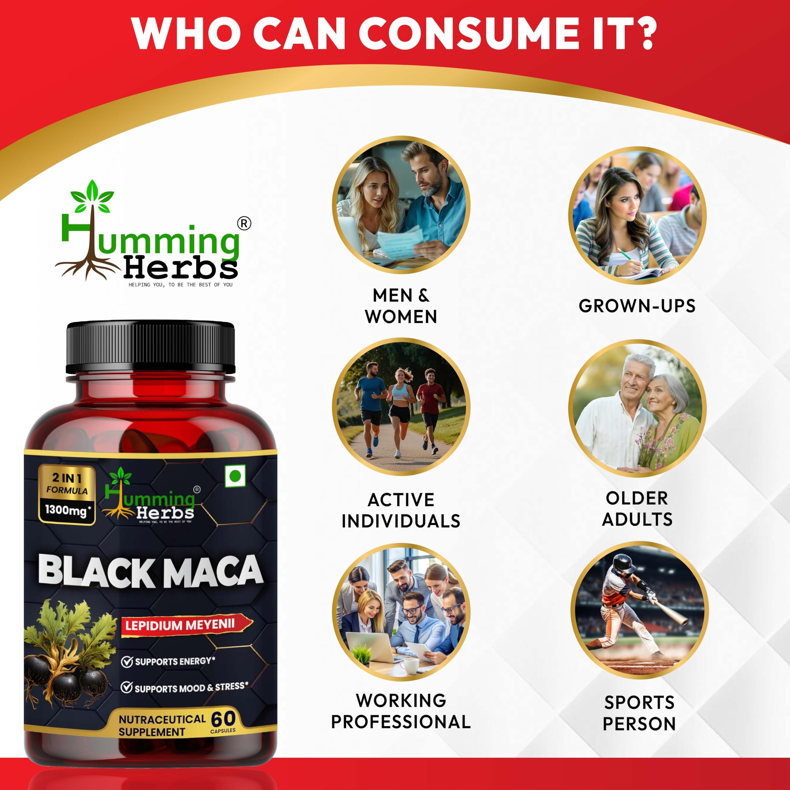 Humming Herbs Black Maca Root Extract 1300mg - Boosts Energy & Stamina, Supports Mood & Hormonal Balance - Men's & Women's Health Supplement 4