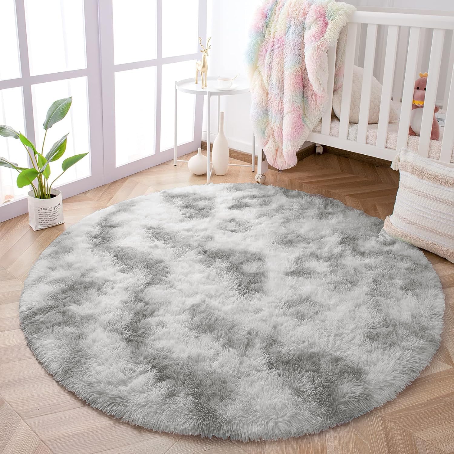 Oxford Homeware Round Rugs Living Room 120x120 CM, Tie-Dye Light Grey Area Rugs for Bedroom Non Slip
