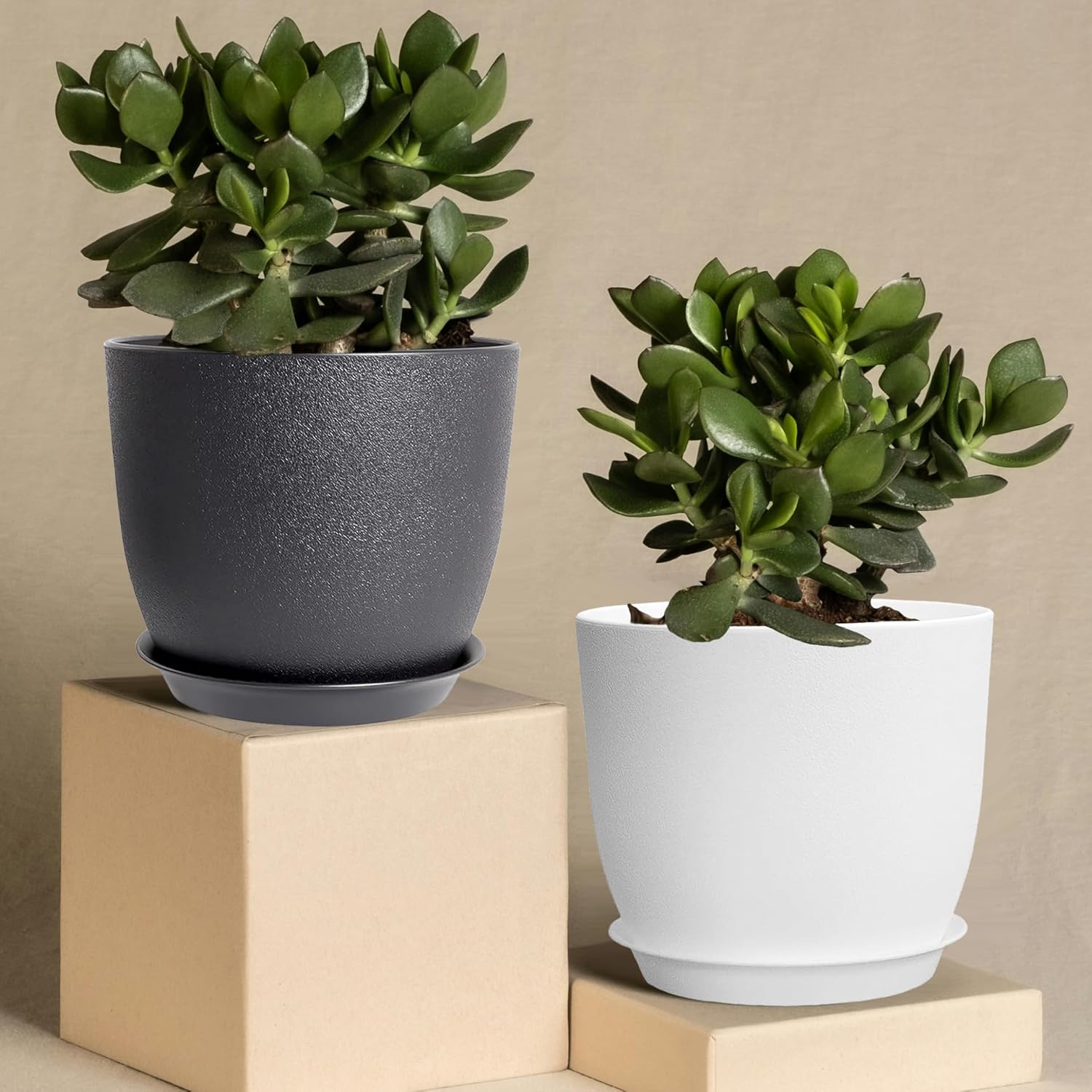 4Pack 8 Inch Flower Pots Planters for Indoor Outdoor Plastic Plant Pots with Drainage Hole and Saucers Modern Decorative Garden Pot, White