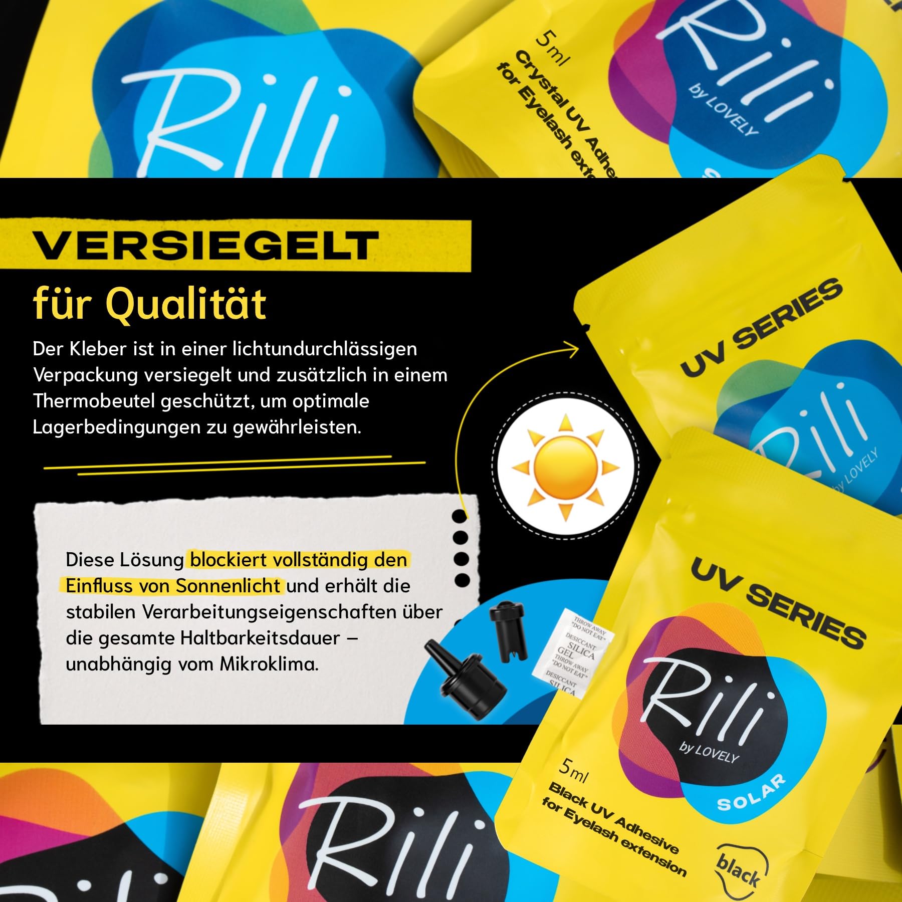 LOVELY Rili SOLAR UV Wimpernkleber Schwarz 5ml für Wimpernverlängerung mit UV Licht - geringe Dämpfe, sofortiges Aushärten, zuverlässige Haftung bei jedem Klima - für Fremdanwendung & Studios geeignet