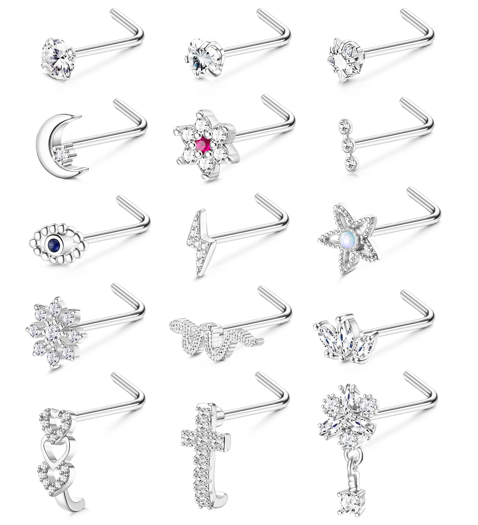 Adramata15 Piezas 20G Piercing Nariz para Mujer Hombre Acero Quirúrgico Nariz Piercing L/Screw Shaped Nostril Anillo Serpiente Flor Plata Oro Nariz Piercing Joyería