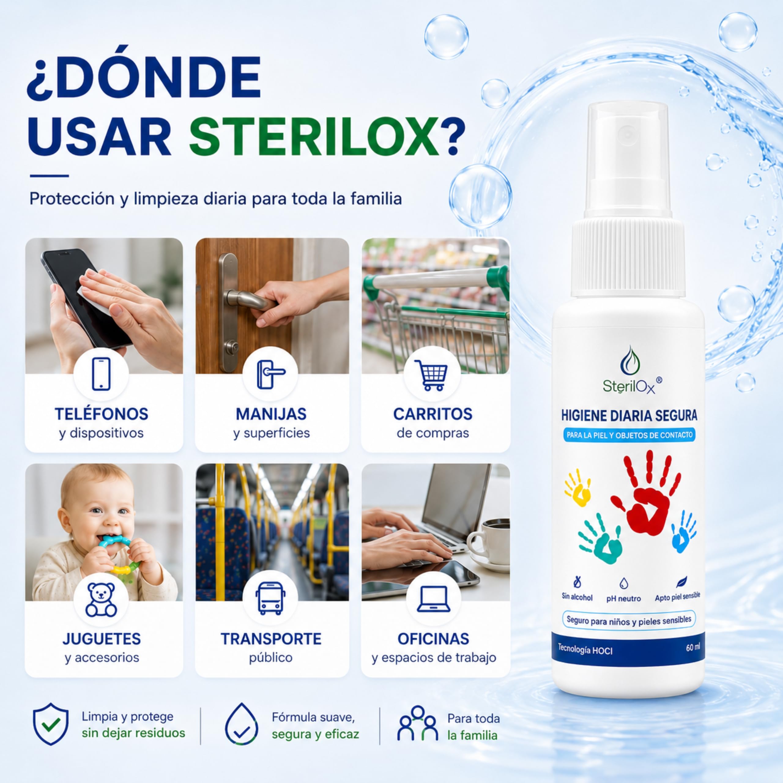 60 ml - spray cosmético antiseptico - para manos, juguetes, platos, objetos/seguro para niños y mascotas/sin alcohol/sin perfume/con ácido hipocloroso (HOCl)