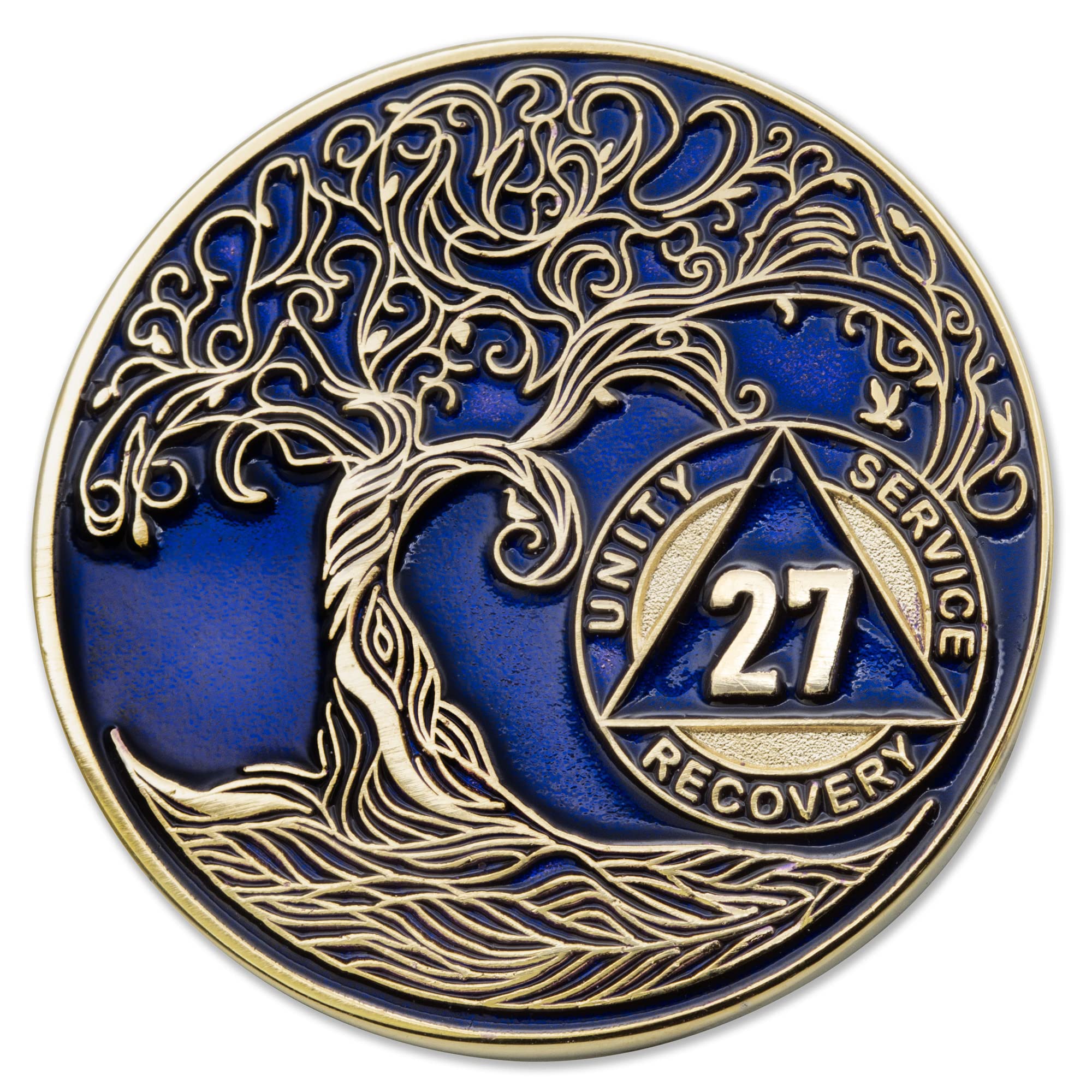 1 to 50 Year Twisted Tree of Life Sobriety Coin - Gold Plated AA Chips &amp; Medallions - 27 Year Sobriety Coin - Translucent Blue