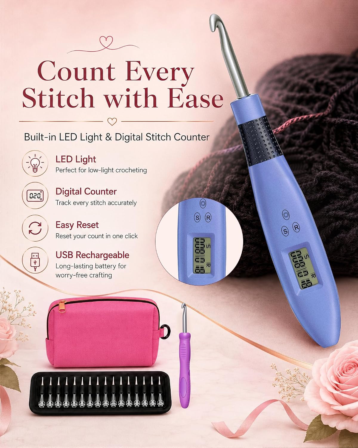 Light Up Crochet Hook Set with Digital Counter, 22 Sizes, Rechargeable