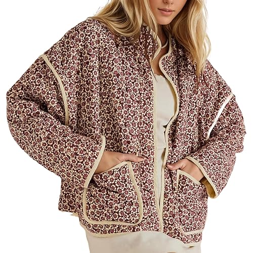 YKR Women's Cropped Puffer Jacket Floral Print Quilted Puffer Jackets Open Front Lightweight Short Jacket Trendy