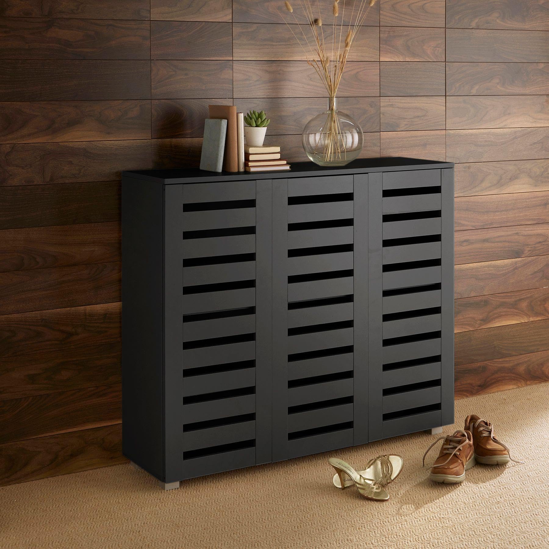 Home Source 3 Door Wooden Shoe Storage Cabinet Rack Stand Slatted Cupboard, Black