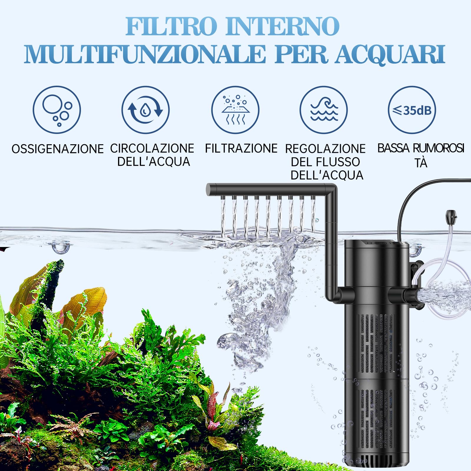 Filtro Acquario Interno, 12W Flusso Regolabile Filtro per Acquario 800 L/H, Pompa Acquario per Acquari da 30 a 200L