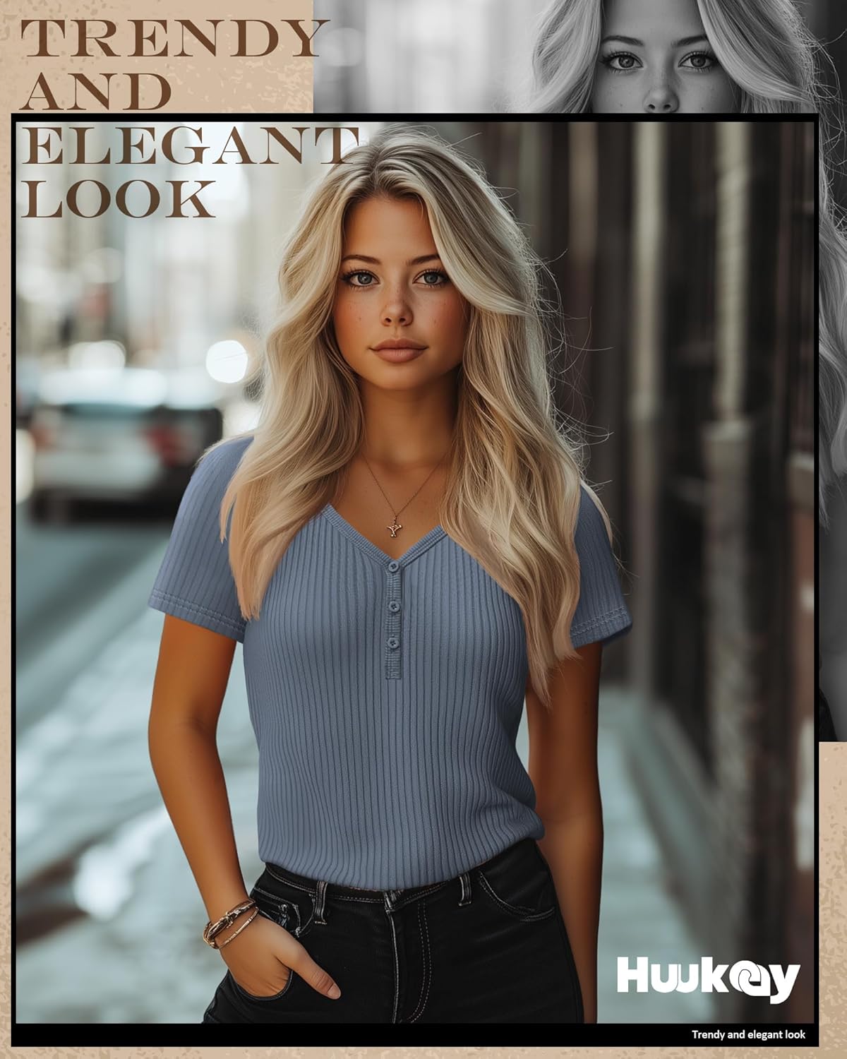 Huukeay 3 Pack Women's Henley T Shirts V Neck Button Short Sleeve Tees Ribbed Knit Slim Fitted Basic Casual Tops - Image 5