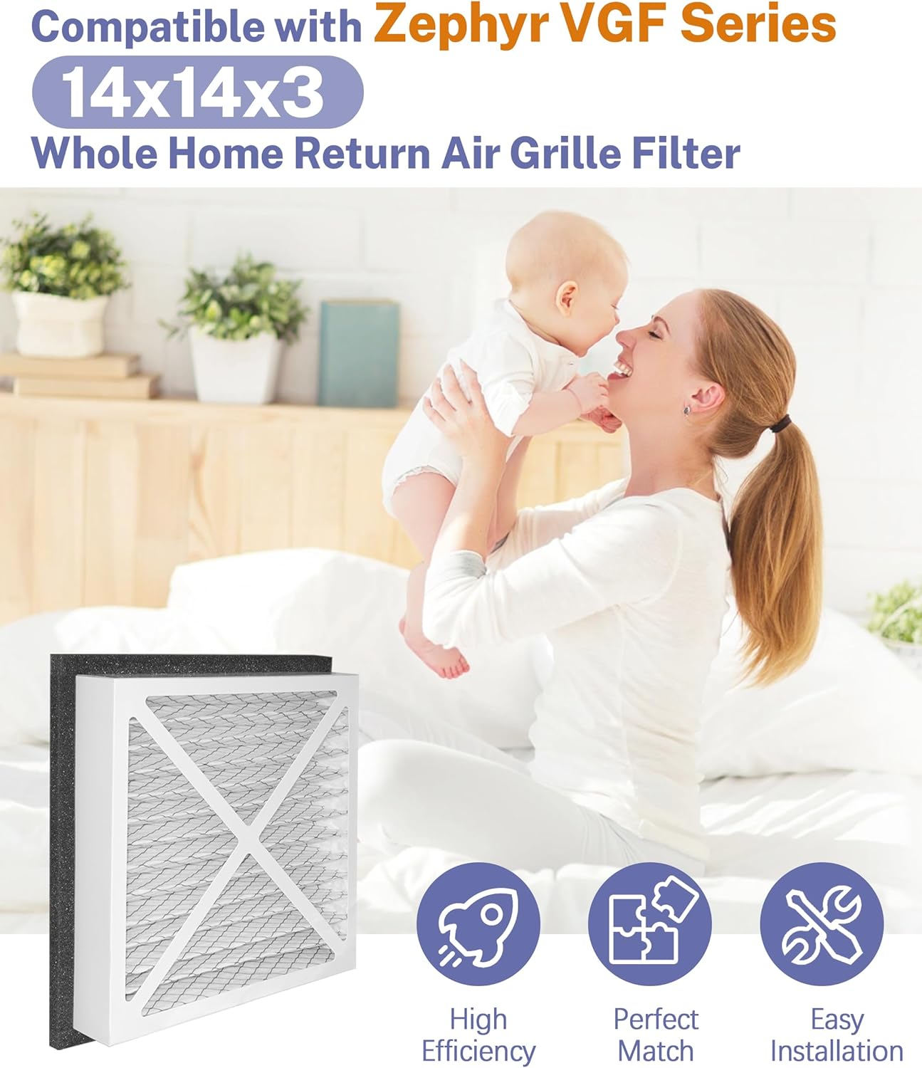 2 Pack 14x14x3 MERV13 Pleated Air Filter Replacement Compatible with Zephyr VGF Series 14x14x3 Whole House Return Grille Filter, Air Filtration System furnace filters