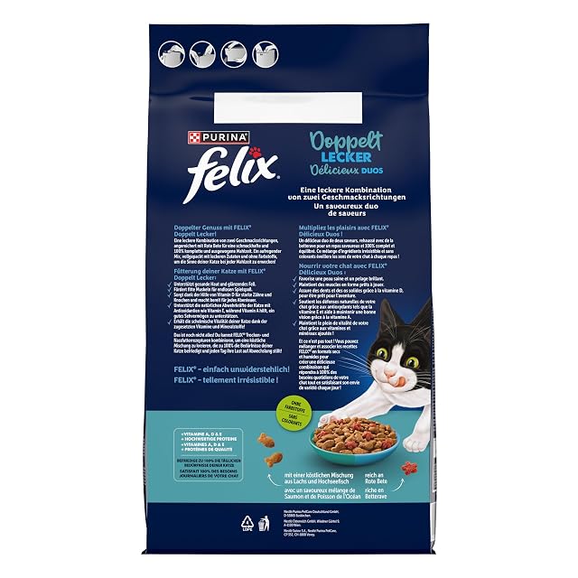 Foto 2 de 4 de Felix Comida Doble para Gatos Seca, con salmón, Pescado de mar y Rico en Remolacha, 4 Unidades (4 x 4 kg)