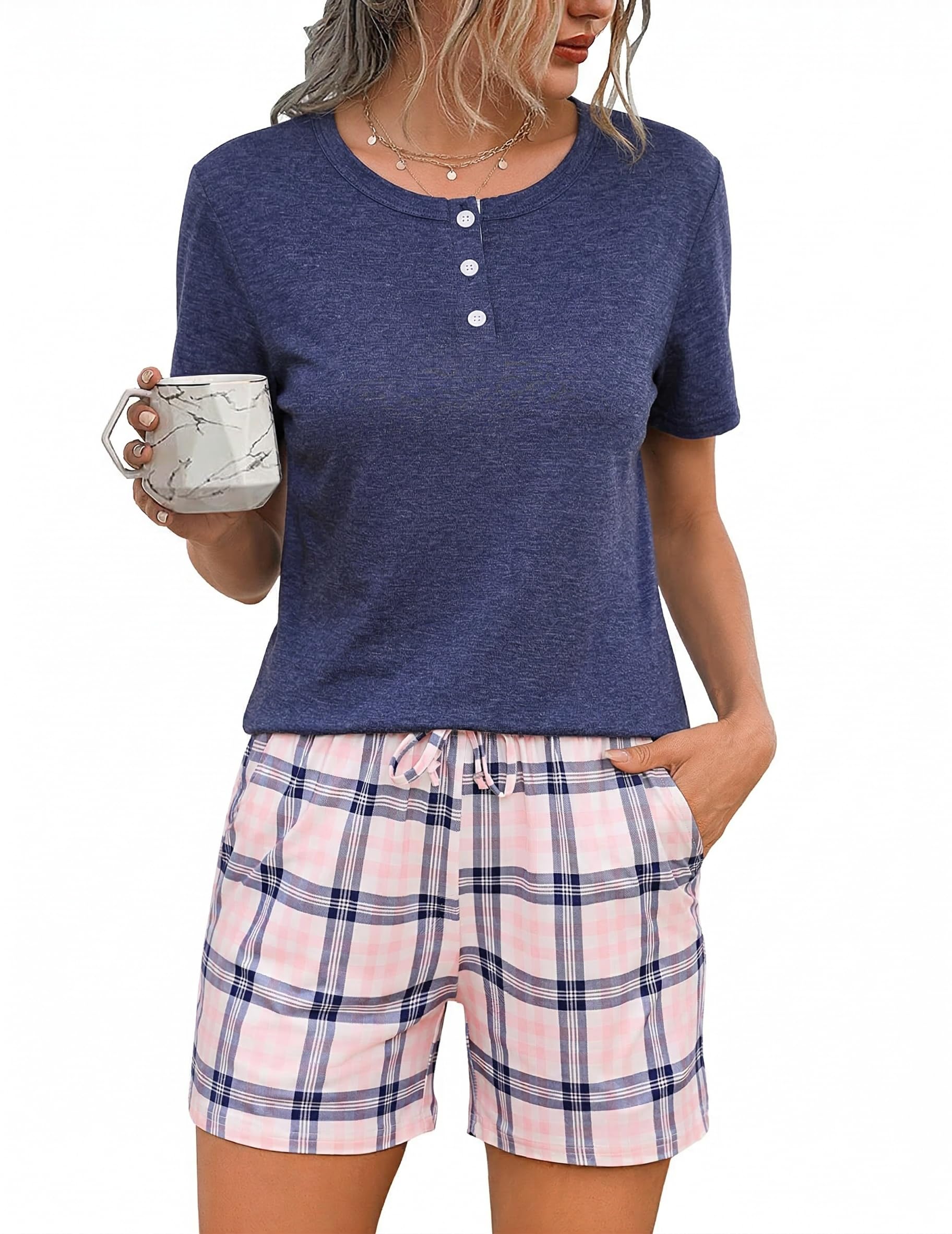 Litherday Pigiama Donna Estivo Corto Cotone Pigiami con Bottoni Due Pezzi a Quadri Casual da Casa Morbido