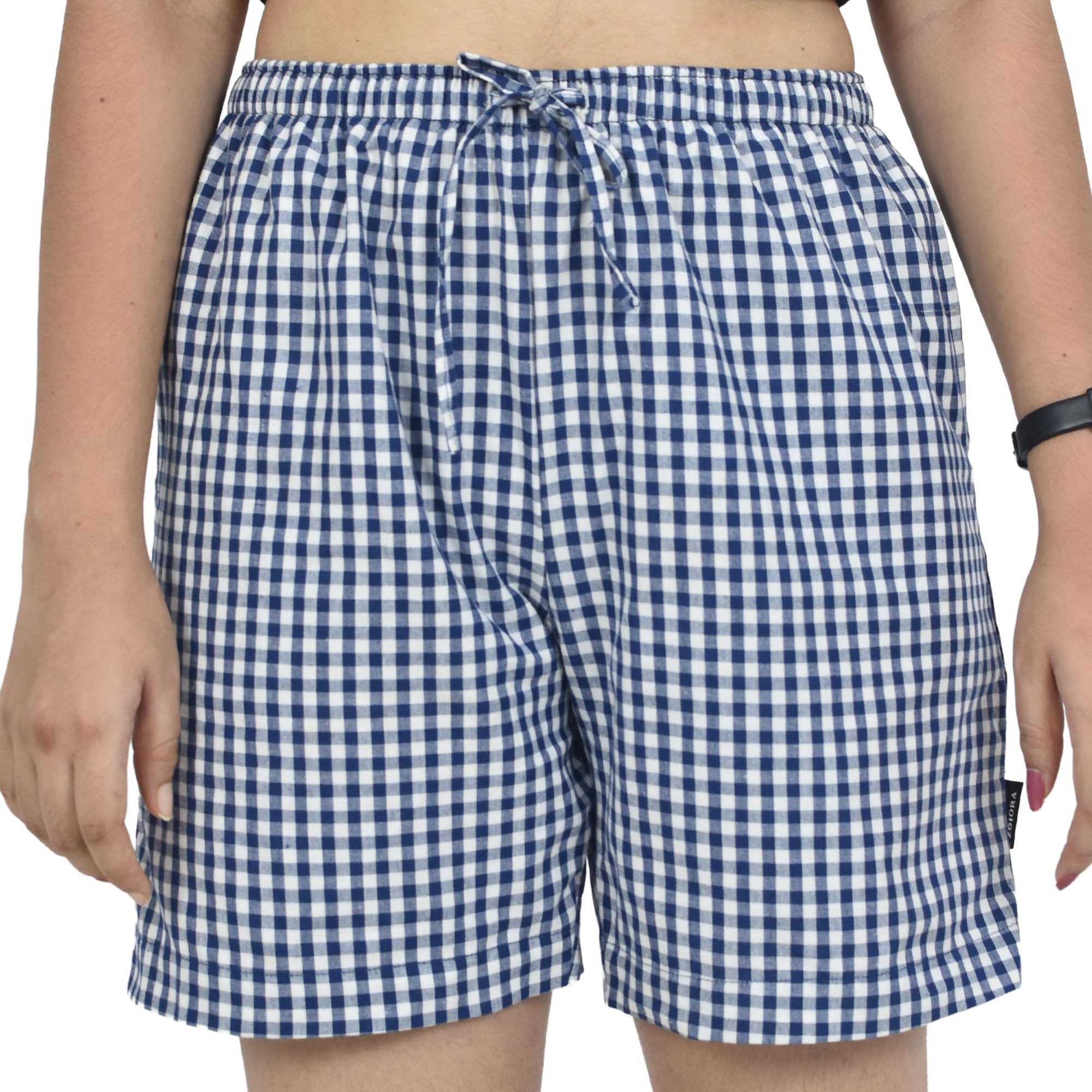 Pure Cotton White and Blue Checkered Shorts for Women | Women's Night Wear Lounge Shorts | Women Boxer