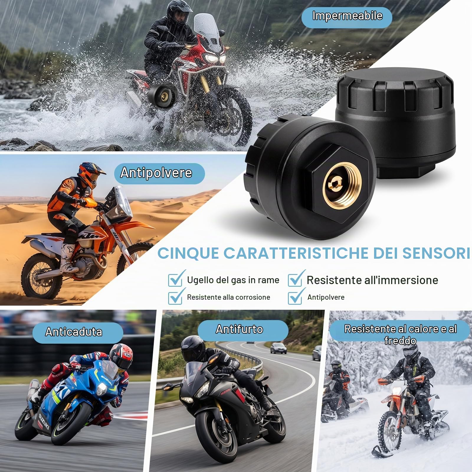 TPMS Moto Sistema Monitoraggio Pressione Pneumatici Bluetooth in Tempo Reale