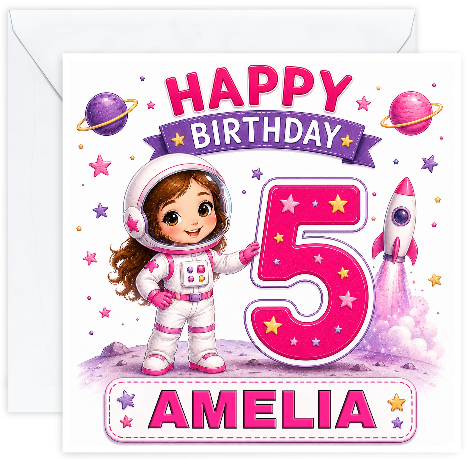 Personalised Girls 5th Birthday Card – Girl Space Explorer – Name