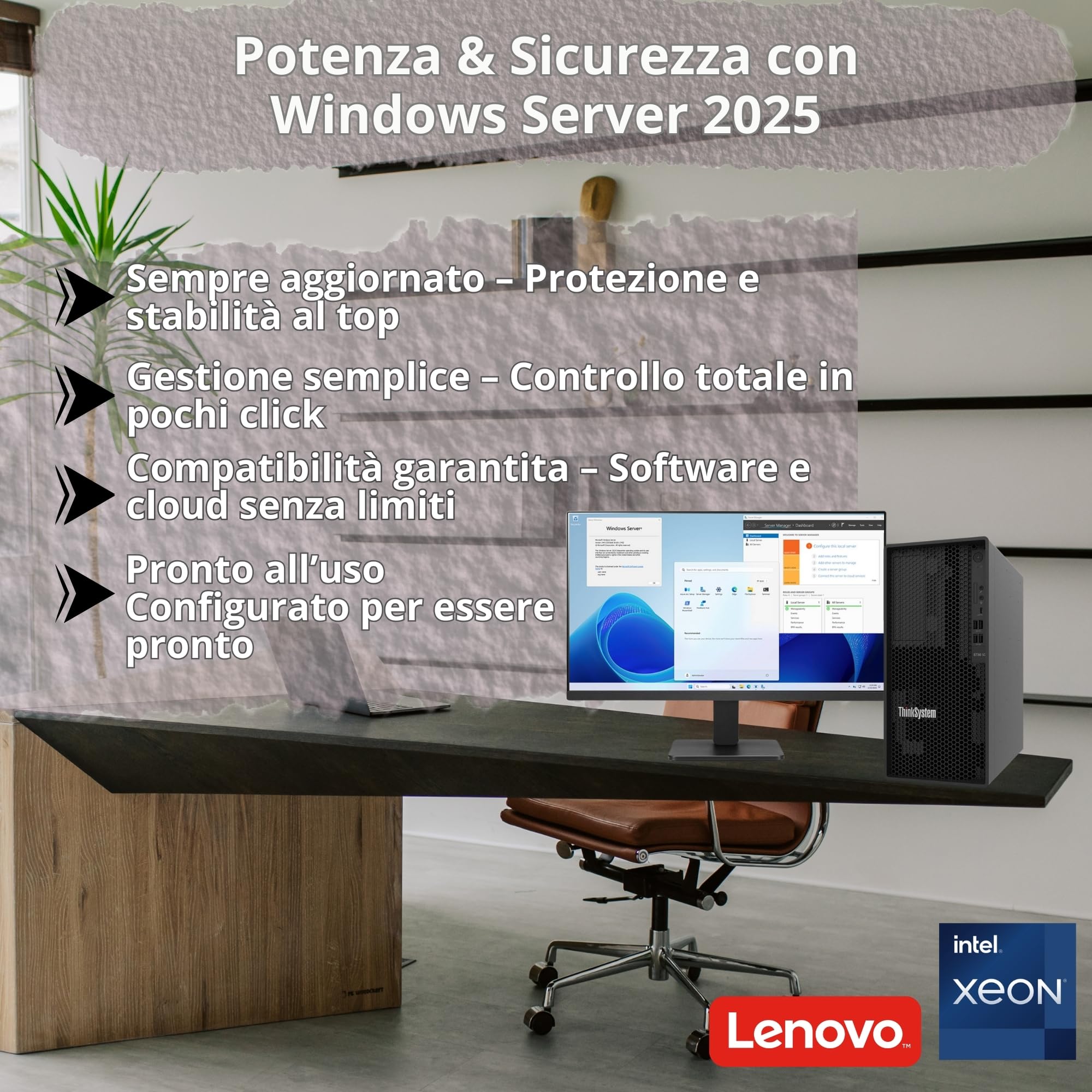SERVER TOWER - Lenovo THINKSYSTEM ST50 V2 6Gbps SATA controller XEON E-2324G 2x 1 Tera - - Win Server 2025 Standard Garanzia 36 Mesi (16 GB RAM)