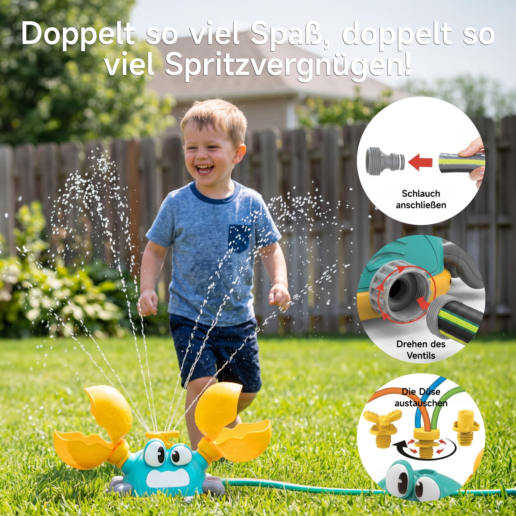 Kinder Wassersprinkler Krabbe mit Cornhole Säcken & Wasserspaß | Drei Sprinkler-Modi, interaktives Säckchen Wurfspiel, perfektes Outdoor Wasserspielzeug für Kinder im Garten.