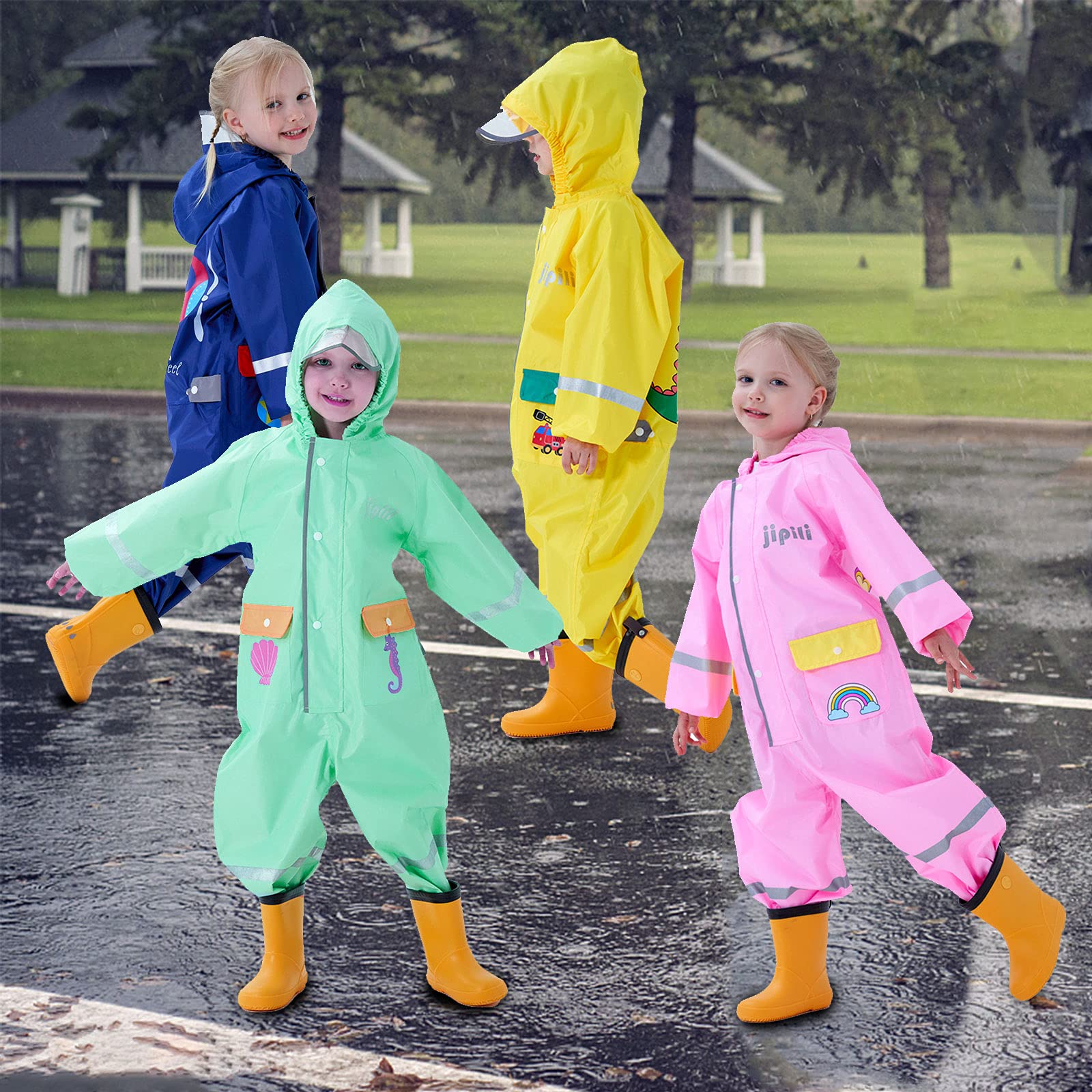 Impermeables Niños Unisex Chubasqueros Chaquetas de Lluvia Poncho Abrigos Traje de Charco Capa Infantil Niñas Encapuchado Mono de Bolsillo Reflectante Impresión Animal 1 2 3 4 5 6 7 8 años