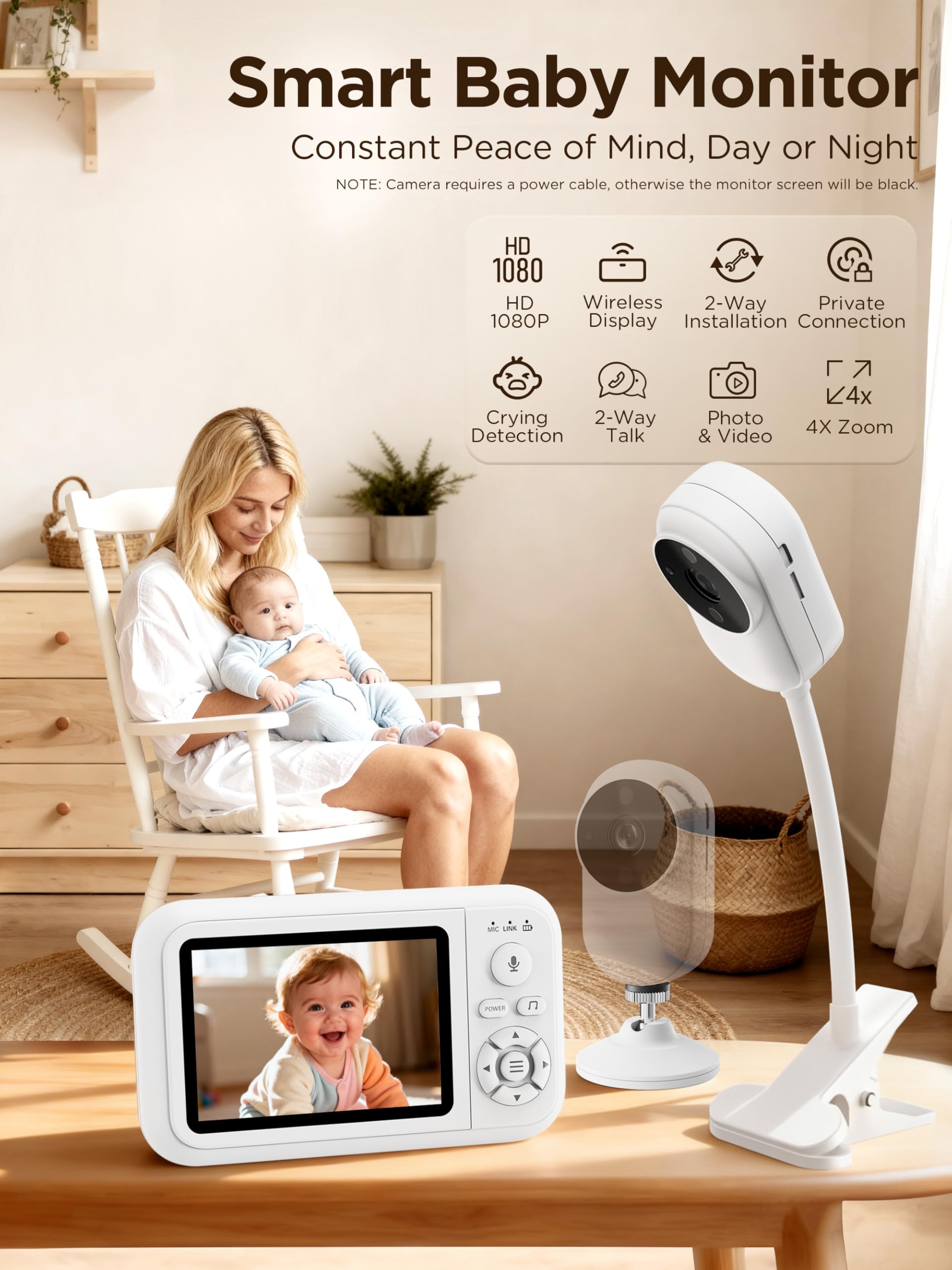 Baby Monitor with Camera and Night Vision, 1080P Baby Camera No WiFi with Holder&Cot Clip, 2-Way Audio, Cry&Temp Detection - Image 2